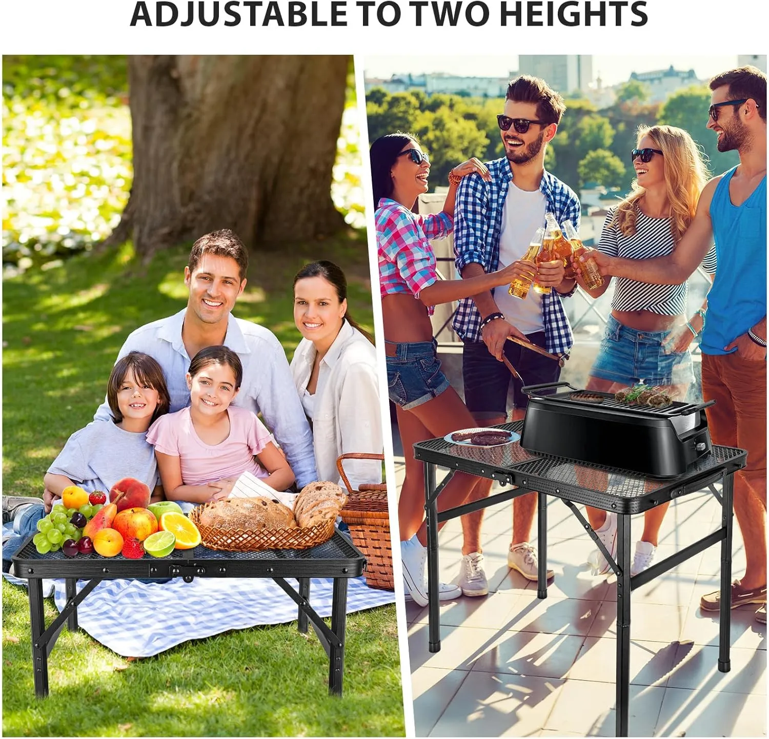 2x1.3 FT Folding Camping Table Foldable Grill Table for Outdoor BBQ, Metal Portable Camping Grill Stand with Mesh Desktop, Adjustable Height Lightweight BBQ Tables Black