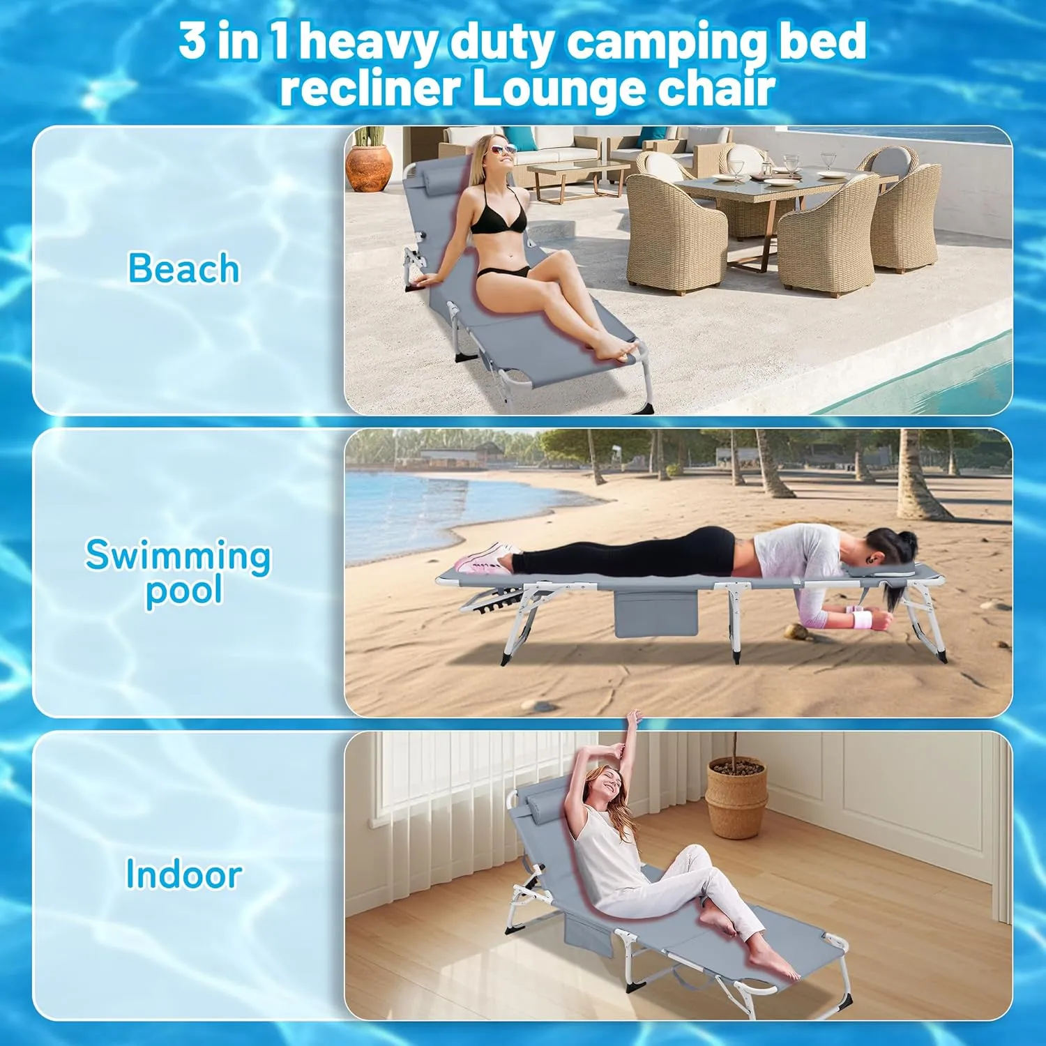 3-in-1 Beach Chair Face Holes, 3 in 1 Sun Tanning Chairs with Face Hole, 5 Position Folding Chaise Lounge Chairs Outdoor Camping Chair for Beach, Poolside, Patio, Camping, Backyard