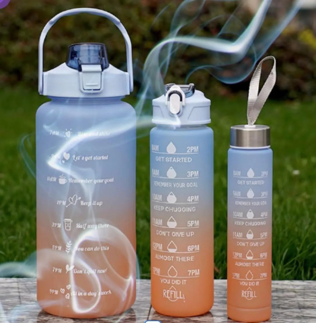 3 in 1 Pcs Set Water Bottle with Time Marker Straw 2000ml 900ml 700ml (light blue & orange)