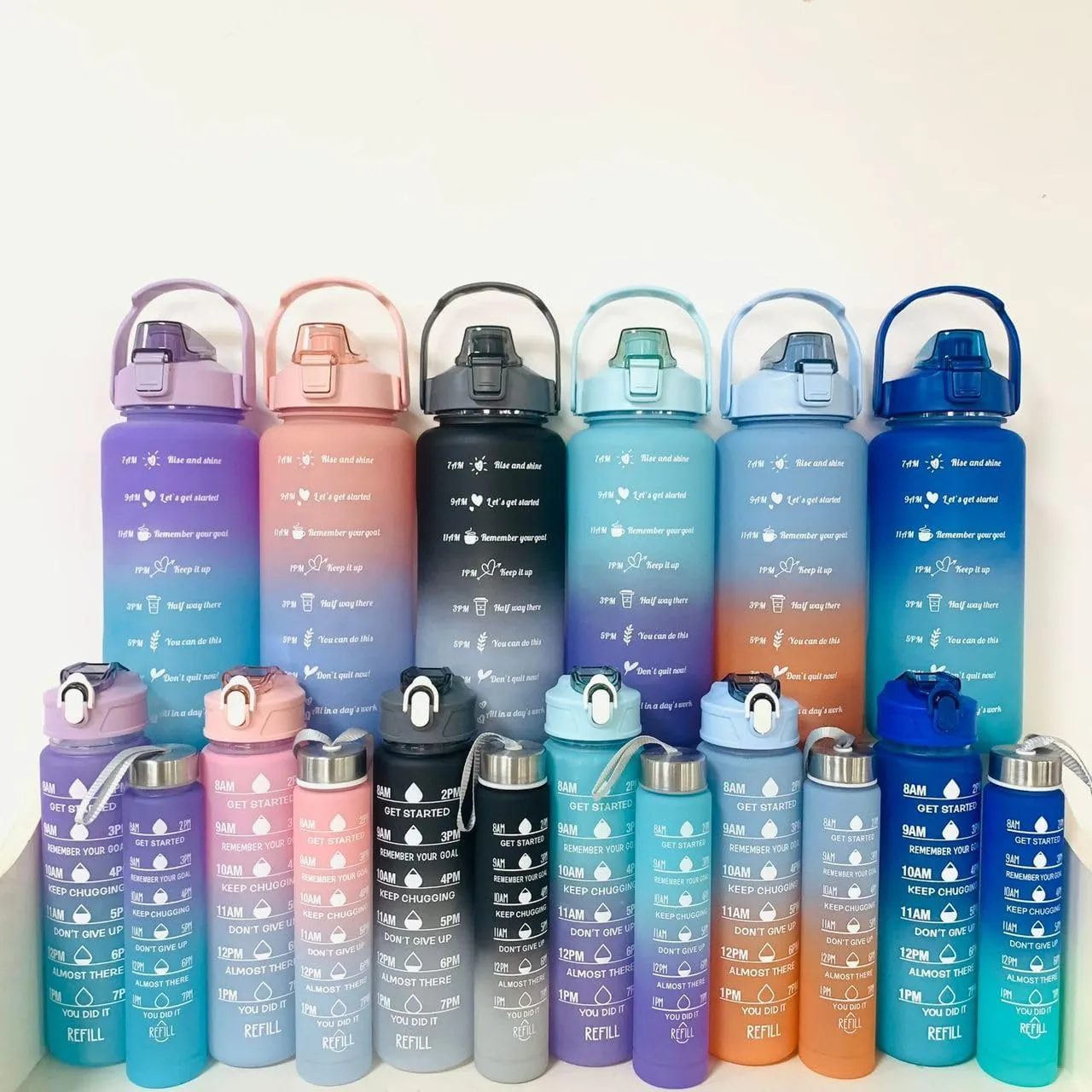 3 in 1 Pcs Set Water Bottle with Time Marker Straw 2000ml 900ml 700ml (light blue & orange)
