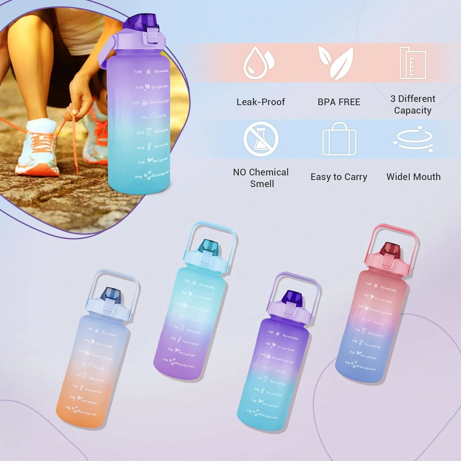3-Pack Motivational Water Bottles