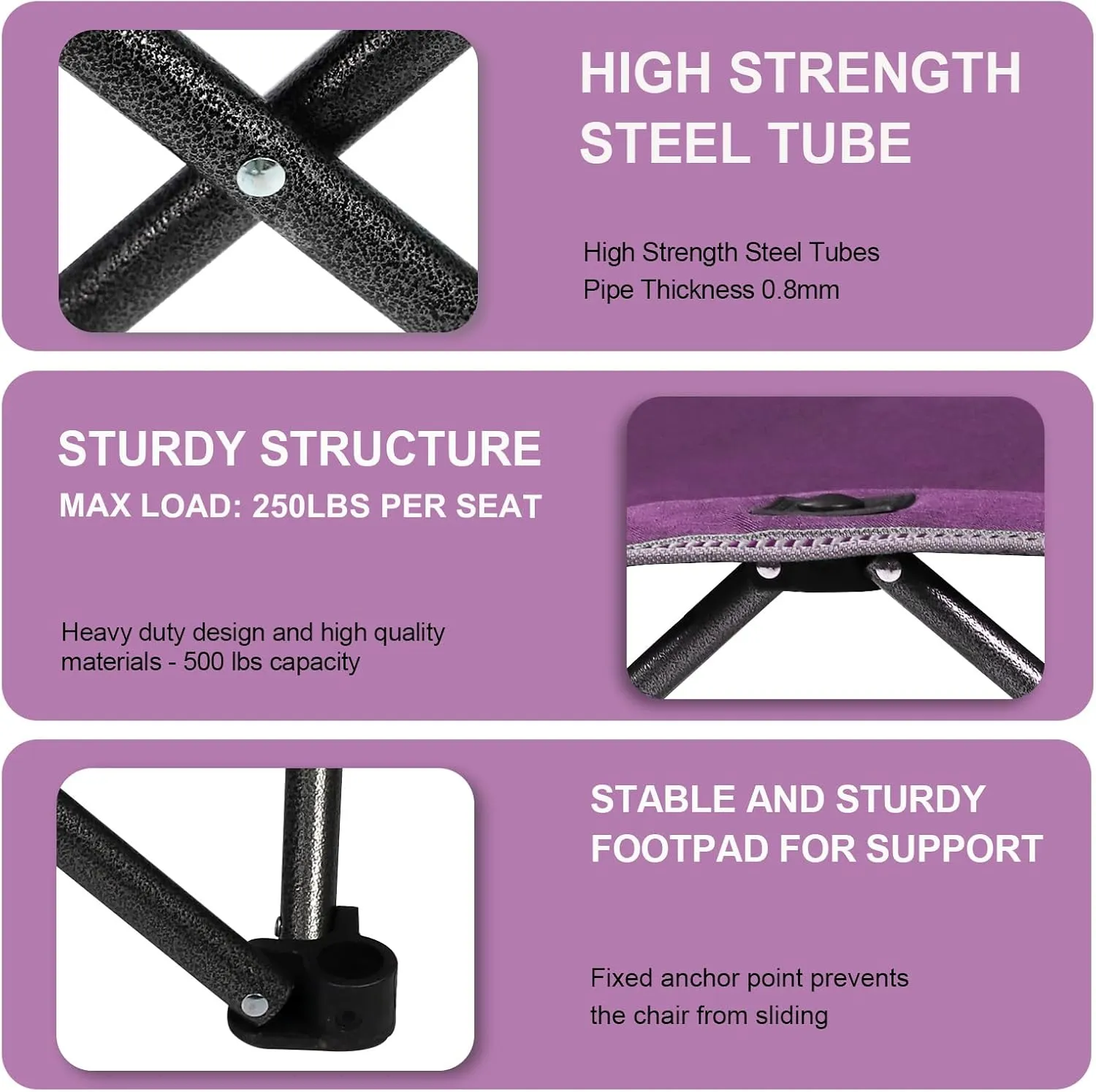 3 Piece Portable Camping Chairs Set,Folding Lawn Chair Set with Cup Holder,Outdoor Heavy Duty Comfy Chairs,Loveseat Chair Perfect for Family Hiking,Picnics and Beach Trips,Purple