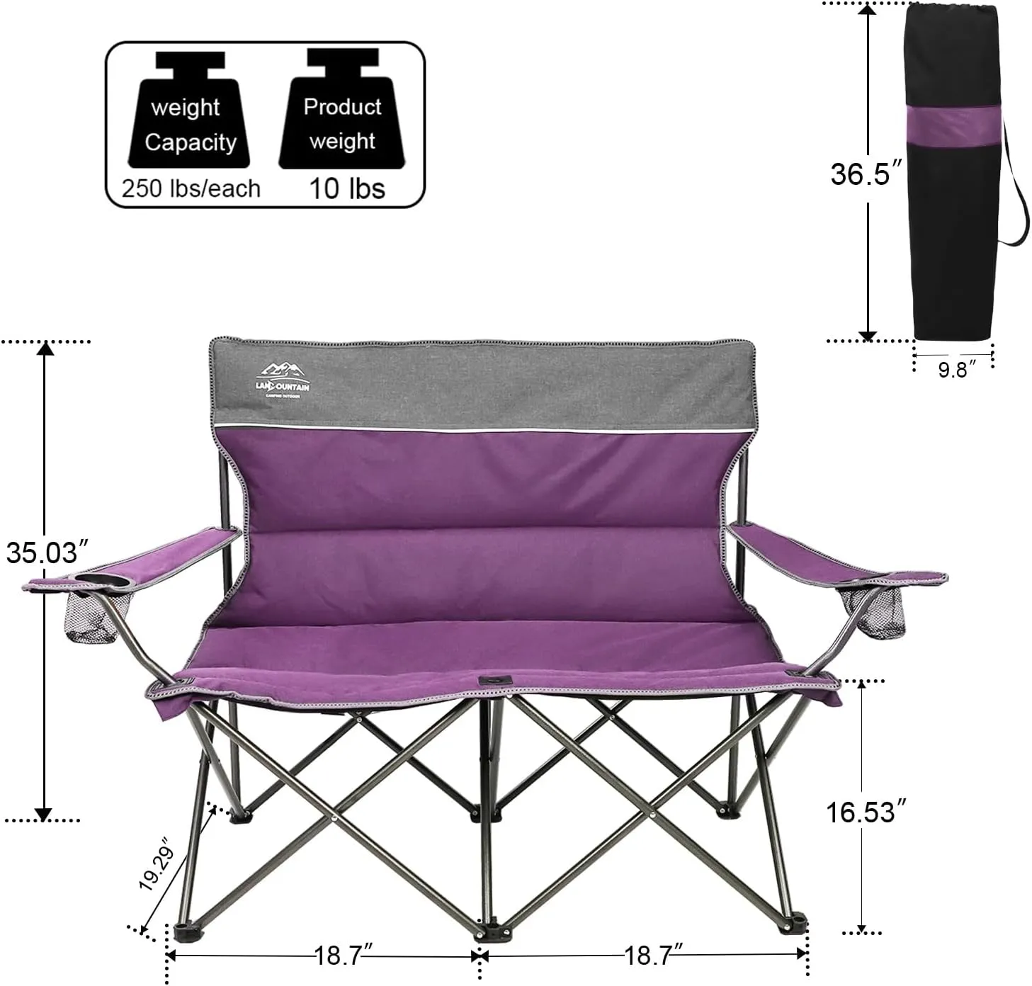 3 Piece Portable Camping Chairs Set,Folding Lawn Chair Set with Cup Holder,Outdoor Heavy Duty Comfy Chairs,Loveseat Chair Perfect for Family Hiking,Picnics and Beach Trips,Purple