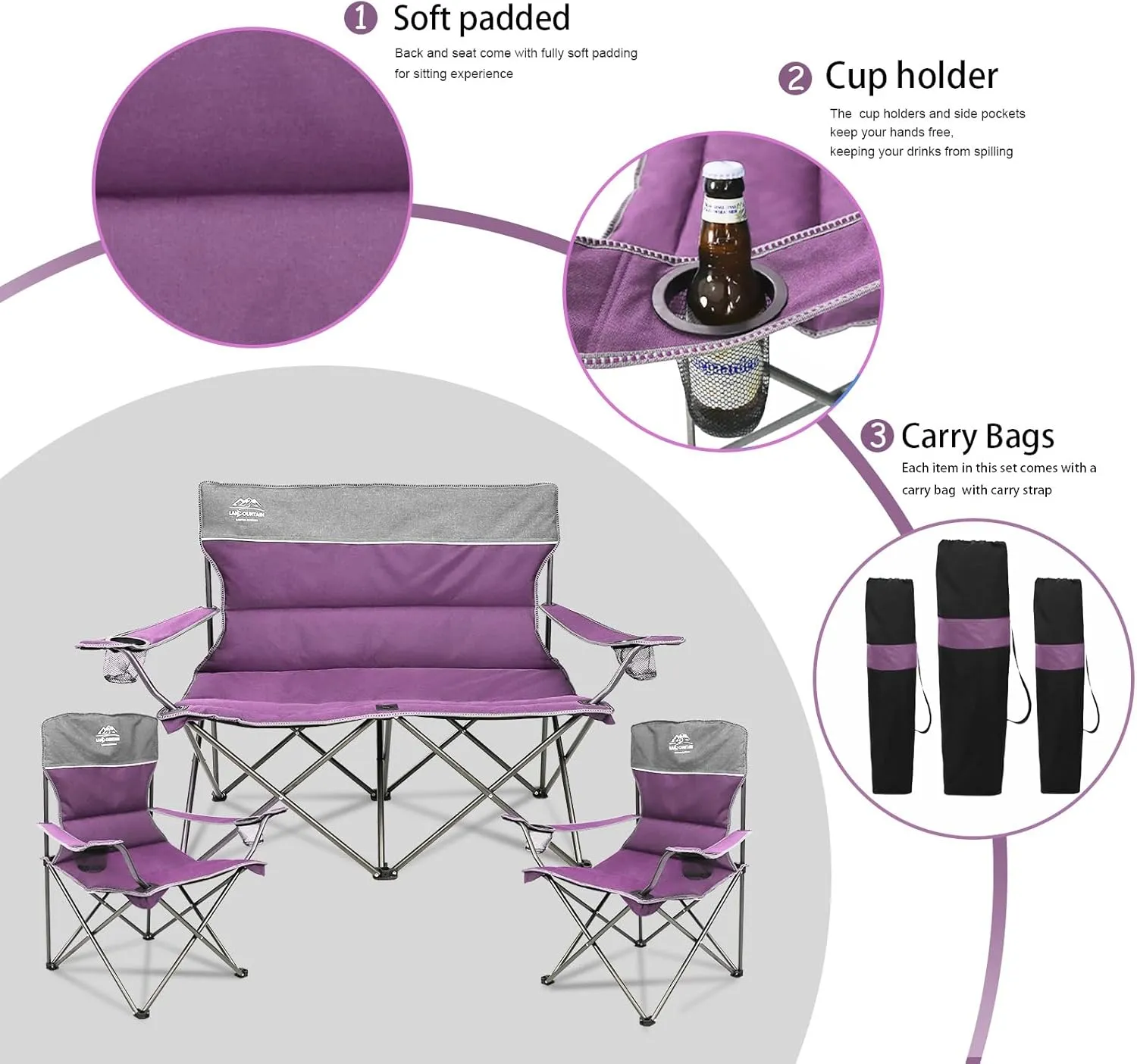 3 Piece Portable Camping Chairs Set,Folding Lawn Chair Set with Cup Holder,Outdoor Heavy Duty Comfy Chairs,Loveseat Chair Perfect for Family Hiking,Picnics and Beach Trips,Purple