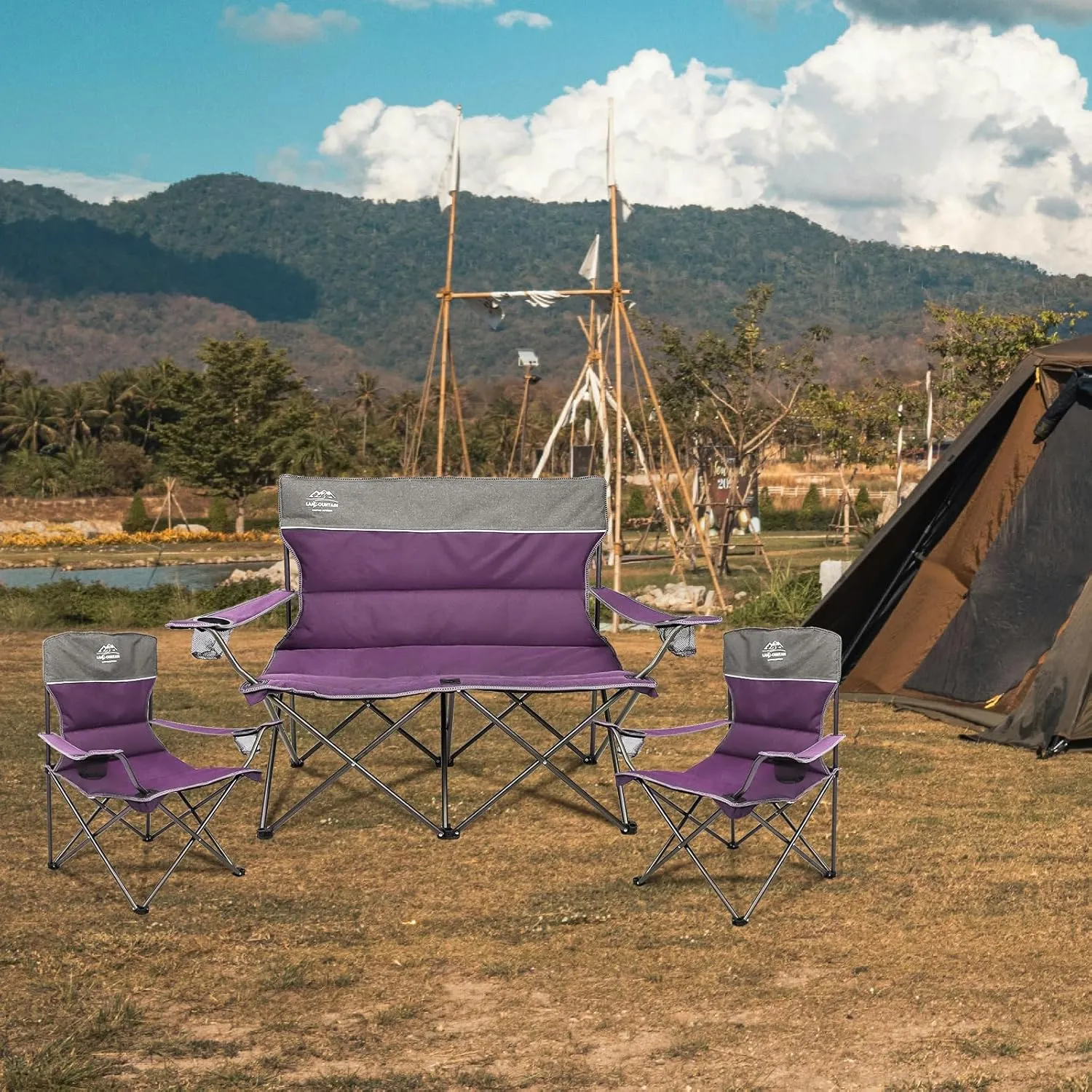3 Piece Portable Camping Chairs Set,Folding Lawn Chair Set with Cup Holder,Outdoor Heavy Duty Comfy Chairs,Loveseat Chair Perfect for Family Hiking,Picnics and Beach Trips,Purple