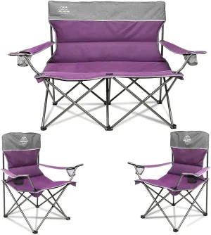 3 Piece Portable Camping Chairs Set,Folding Lawn Chair Set with Cup Holder,Outdoor Heavy Duty Comfy Chairs,Loveseat Chair Perfect for Family Hiking,Picnics and Beach Trips,Purple