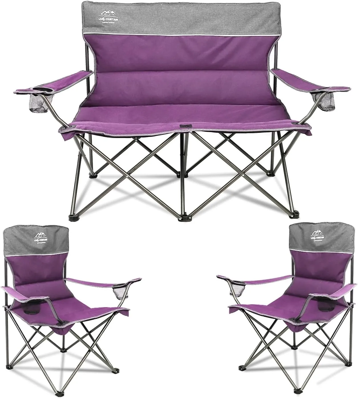 3 Piece Portable Camping Chairs Set,Folding Lawn Chair Set with Cup Holder,Outdoor Heavy Duty Comfy Chairs,Loveseat Chair Perfect for Family Hiking,Picnics and Beach Trips,Purple