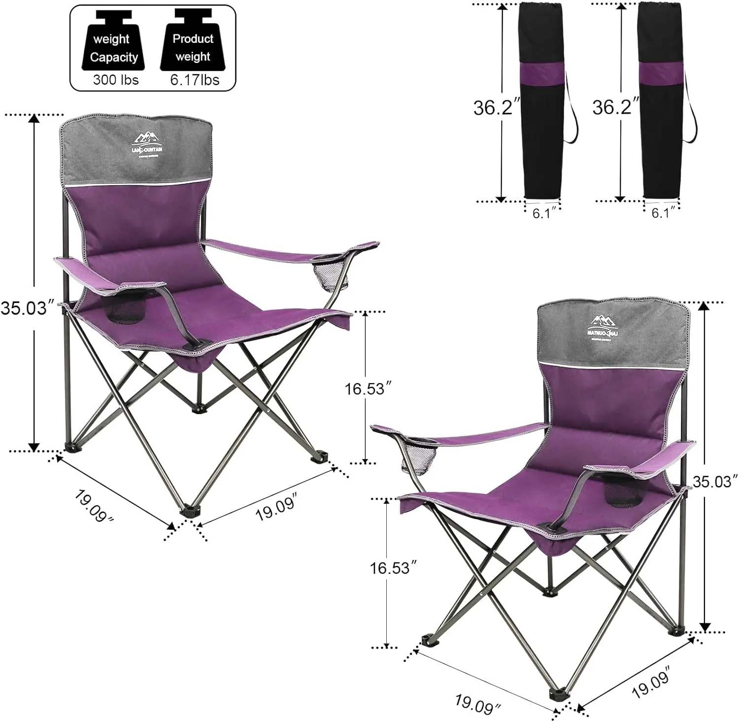 3 Piece Portable Camping Chairs Set,Folding Lawn Chair Set with Cup Holder,Outdoor Heavy Duty Comfy Chairs,Loveseat Chair Perfect for Family Hiking,Picnics and Beach Trips,Purple
