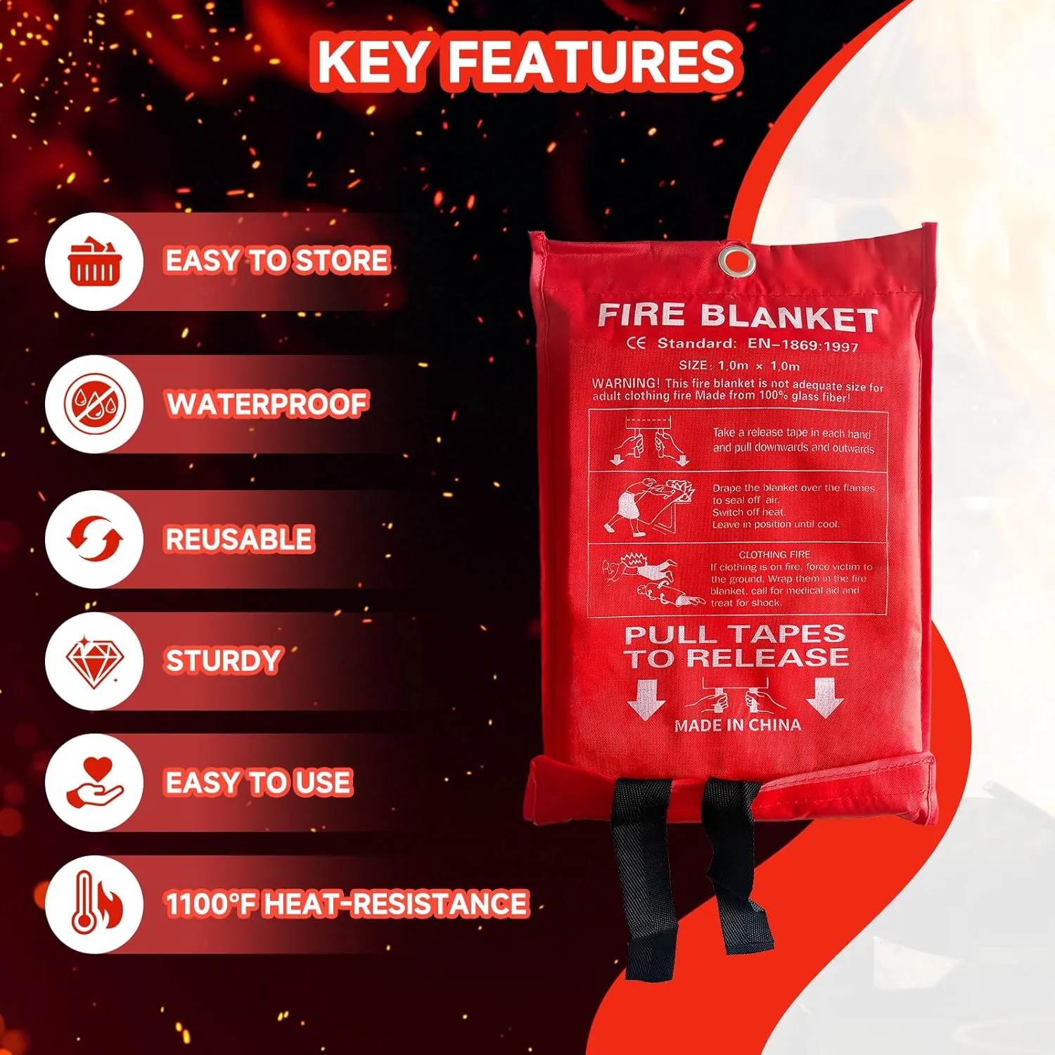 30 Packs Fire Blanket – 39.37x39.37 Inches, 1100℉ Heat Resistant, Emergency Fire Suppression Blanket for Kitchen, Home, Car, Camping – Easy to Use, Non-Toxic, Reusable, Compact & Lightweight