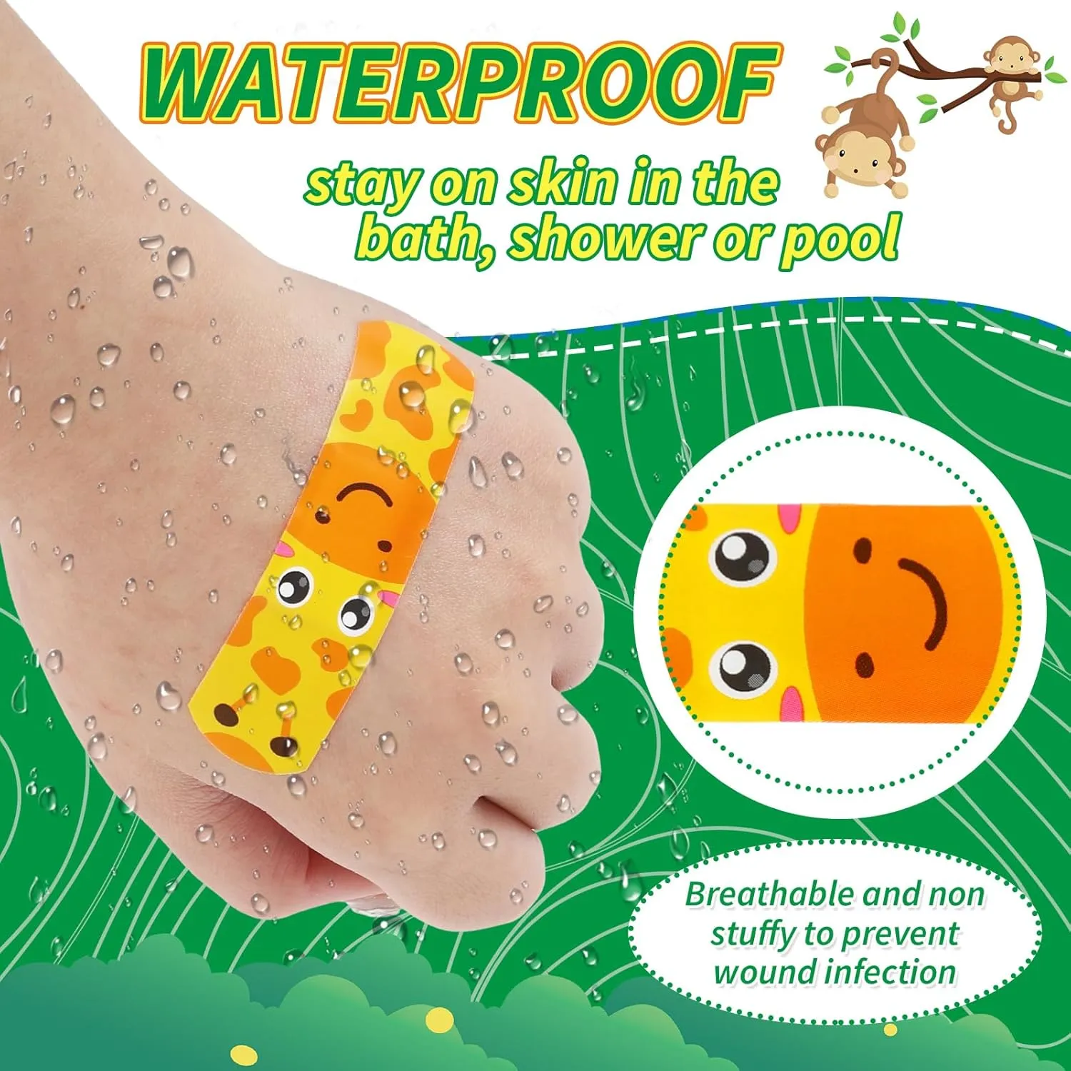 300Pcs Kids Cartoon Bandages Cute Jungle Animal Pattern Wound Plaster Flexible Adhesive Waterproof Breathable Fingertip Band Aid for Girl Boy Children Toddler Wound Protection