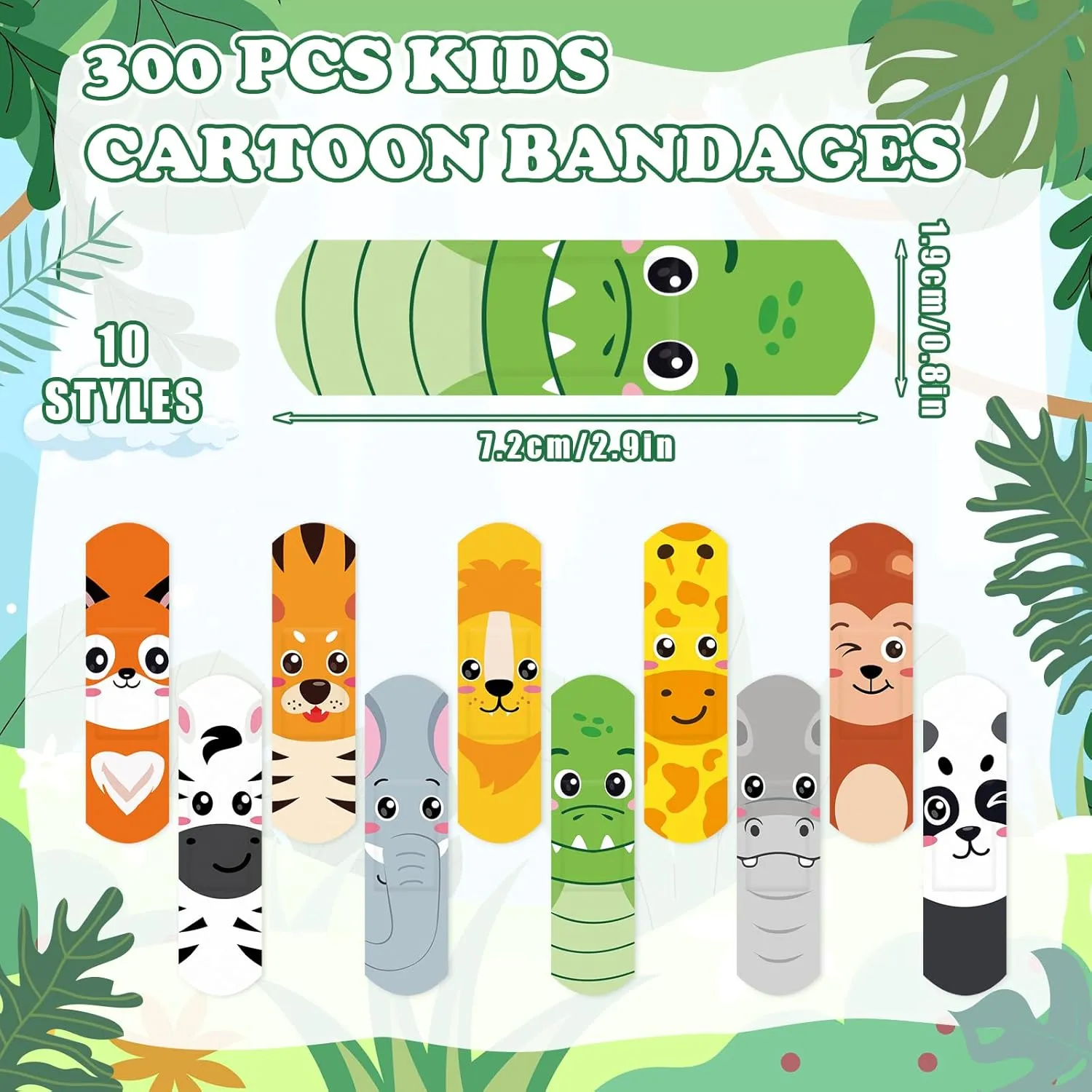 300Pcs Kids Cartoon Bandages Cute Jungle Animal Pattern Wound Plaster Flexible Adhesive Waterproof Breathable Fingertip Band Aid for Girl Boy Children Toddler Wound Protection