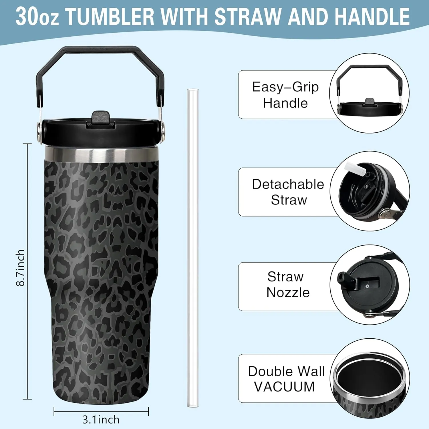 30oz Insulated Leopard Tumbler with Handle, Featuring a Leak-proof 2-in-1 Lid and Straw, a Vacuum-insulated Travel Coffee Mug, Portable Stainless Steel Water Bottle, Suitable for Both Women and Men