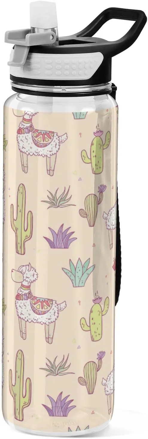 32 oz Cute Llamas and Cactuses Succulents Sports Water Bottle with Leak Proof with Straw Lid Reusable Clear BPA Free Tritan Sport Water Bottle for Gym, Outdoor Sports