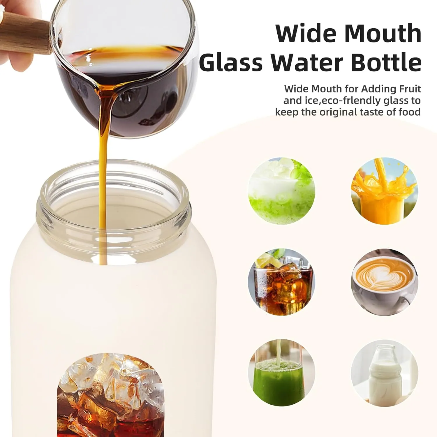 32 oz Glass Water Bottle with 2 Lids-Handle Straw Lid & Bamboo Lid,1 Liter Motivataional Tumbler Water Bottle Time Marker, Borosilicate Glass Water Bottles With Silicone Sleeve, Leakproof
