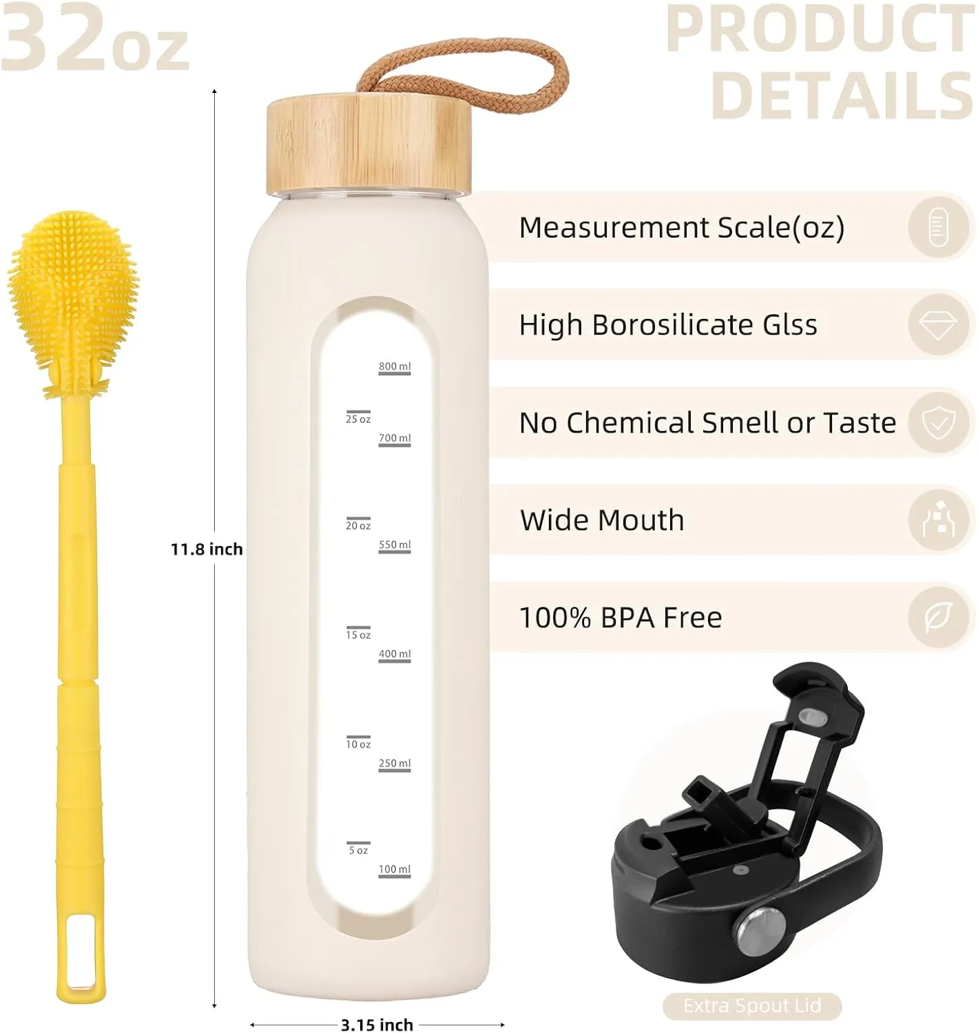 32 oz Glass Water Bottle with 2 Lids-Handle Straw Lid & Bamboo Lid,1 Liter Motivataional Tumbler Water Bottle Time Marker, Borosilicate Glass Water Bottles With Silicone Sleeve, Leakproof