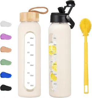 32 oz Glass Water Bottle with 2 Lids-Handle Straw Lid & Bamboo Lid,1 Liter Motivataional Tumbler Water Bottle Time Marker, Borosilicate Glass Water Bottles With Silicone Sleeve, Leakproof