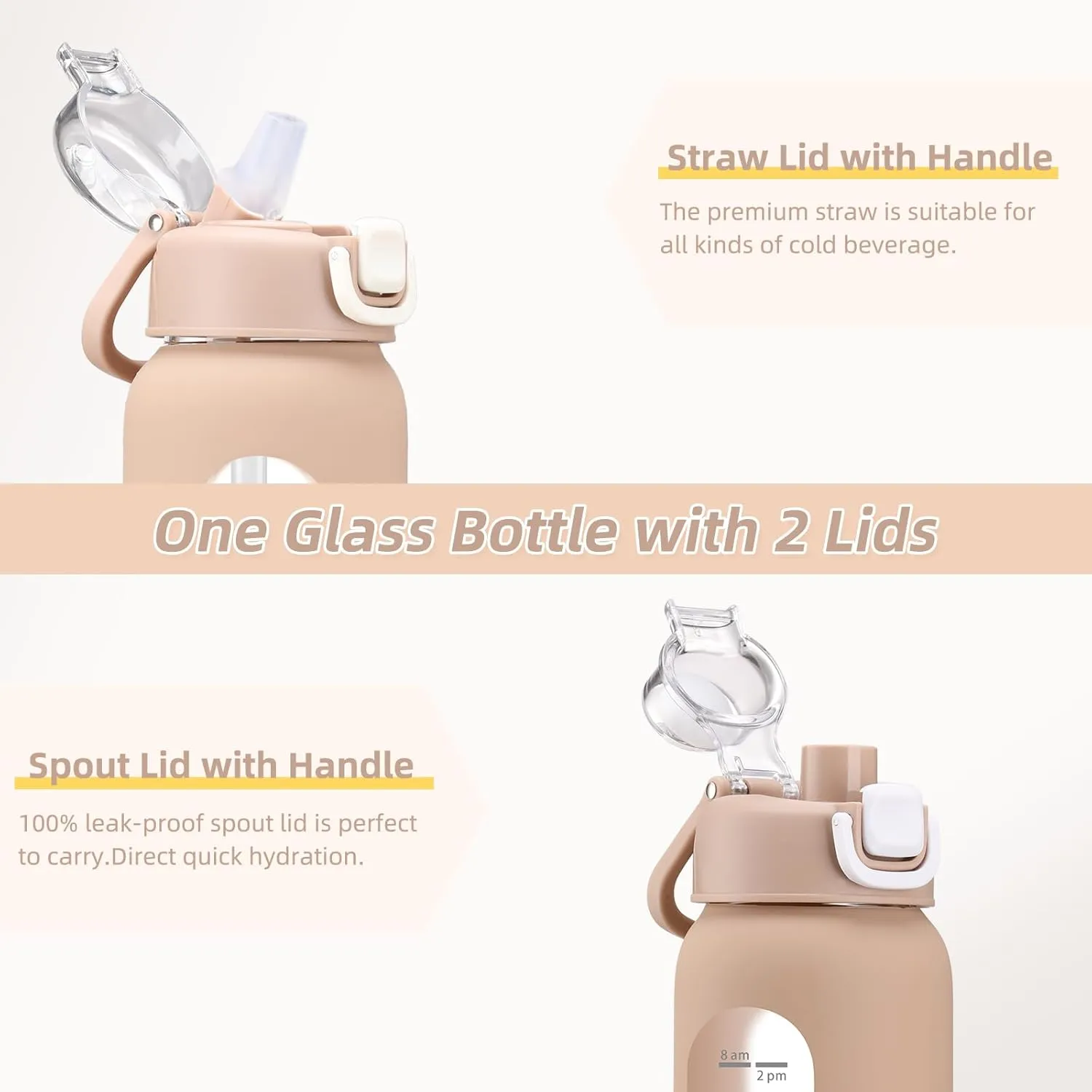 32 oz Glass Water Bottles with 2 Lids-Handle Spout Lid & Straw Lid, 1 Liter Motivational Borosilicate Water Bottle with Time Marker and Silicone Sleeve,Leakproof-Amber-1 Pack