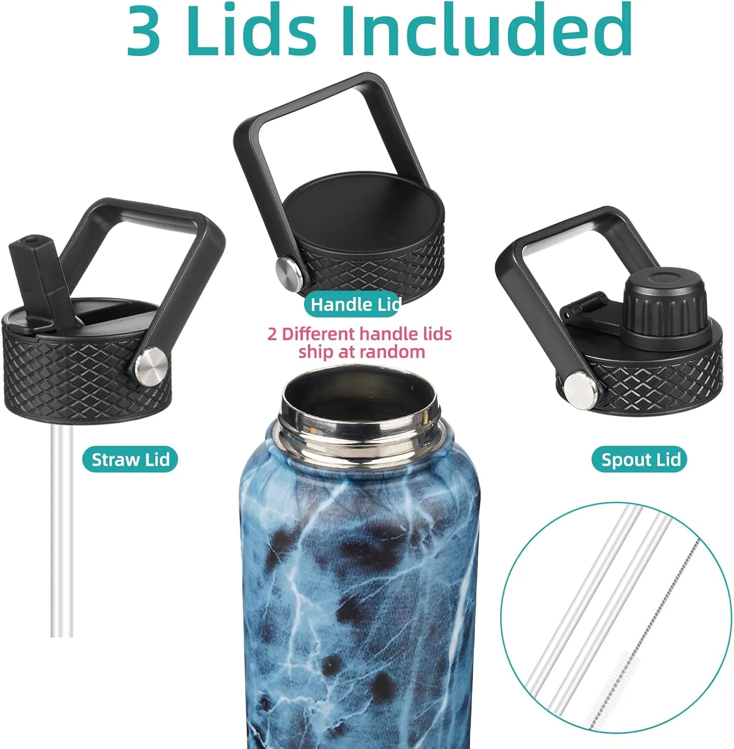 32 oz Insulated Water Bottle Stainless Steel Sport Bottles with 3 Lids,Marble Ocean