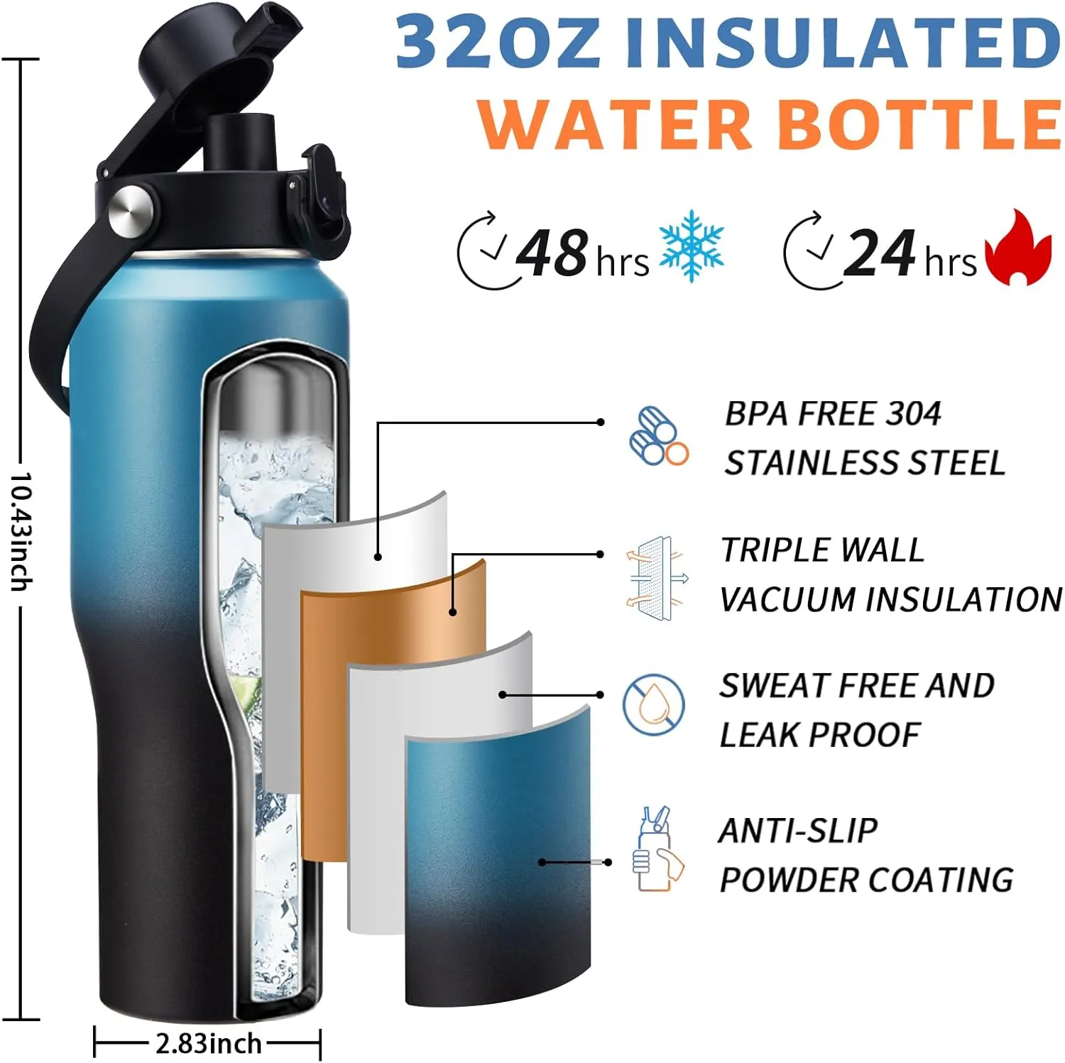32oz 40oz Water Bottle Insulated - with Paracord Handle, Waterbottle with Straw & Auto Spout Lid, Insulated Water Cup Fit Car Cup Holder, Vacuum Travel Coffee Mug Iced Cold 48h or Hot 24h