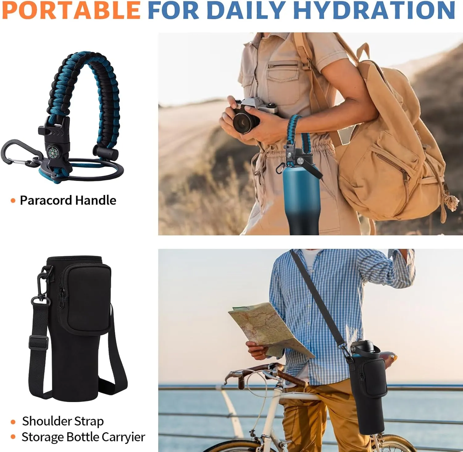 32oz 40oz Water Bottle Insulated - with Paracord Handle, Waterbottle with Straw & Auto Spout Lid, Insulated Water Cup Fit Car Cup Holder, Vacuum Travel Coffee Mug Iced Cold 48h or Hot 24h