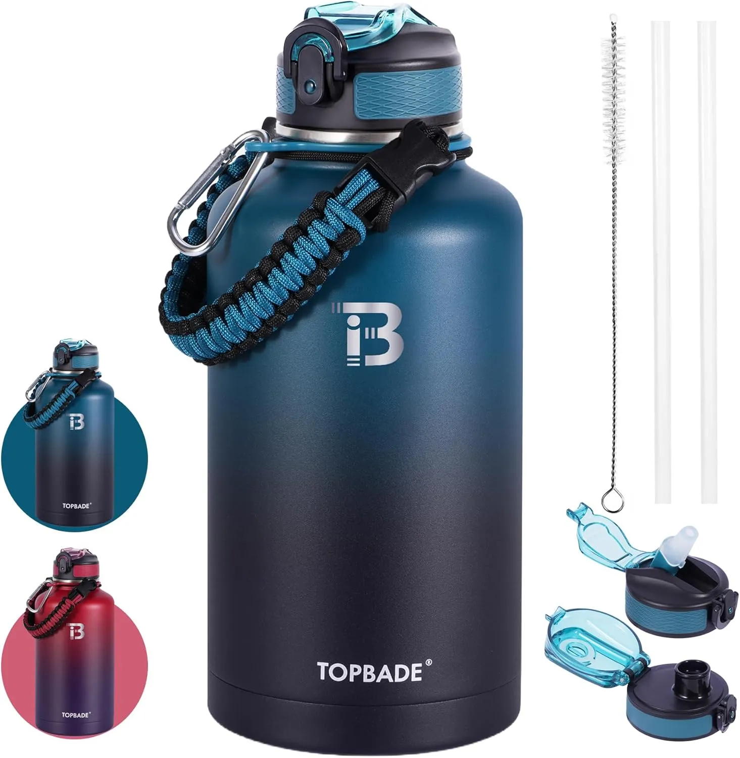 32oz Insulated Water Bottle with Straw Lid & Spout Lid & Paracord Handle, Stainless Steel Water Bottle Wide Mouth, Double Wall for Women Men Gym Fitness Outdoor