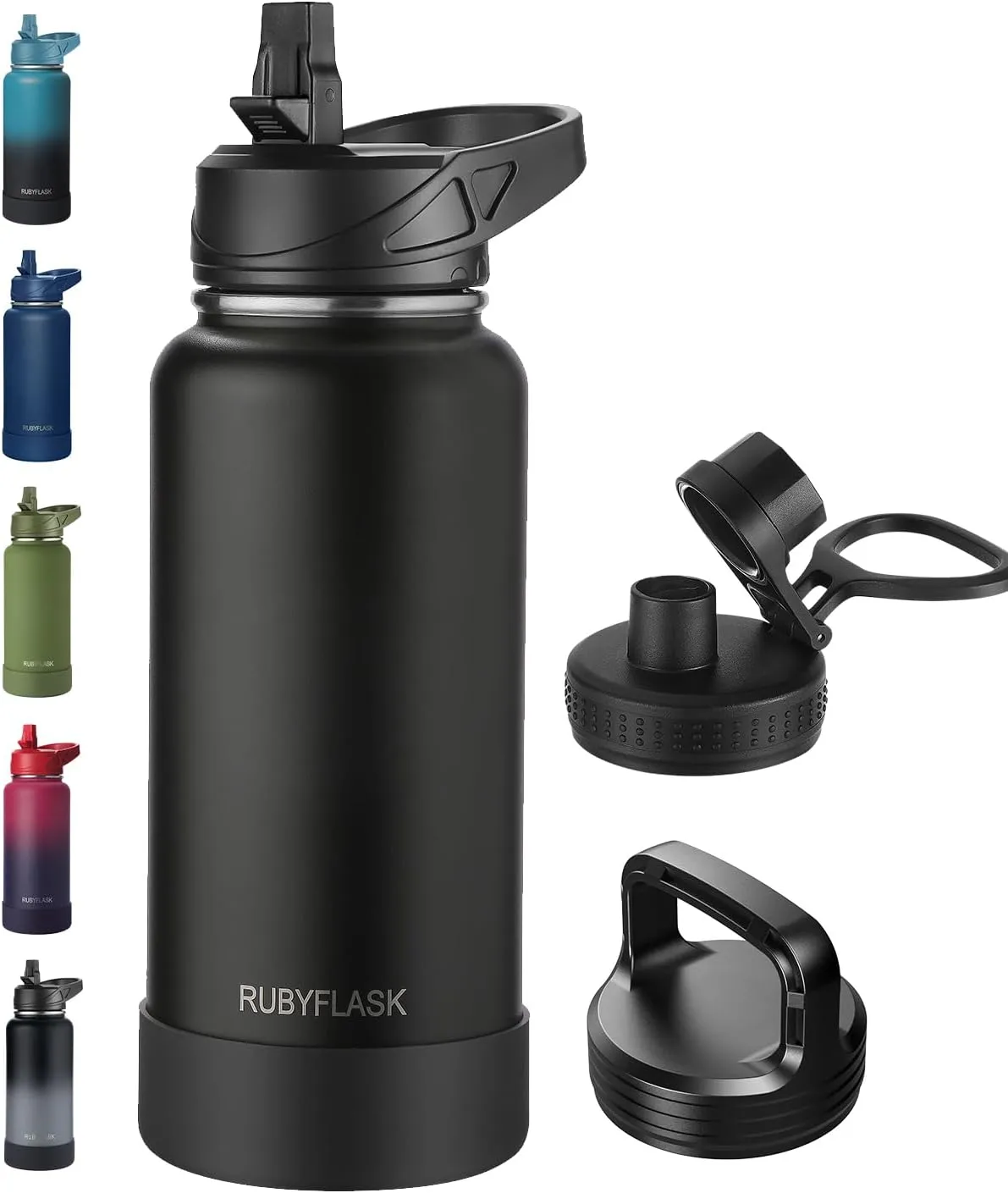 32oz Insulated Water Bottle with Straw, Stainless Steel Metal Vacuum Water Flask, Large Thermos Water bottle with Leakproof 3 Lids for Travel, Camping, Gym Sports Black