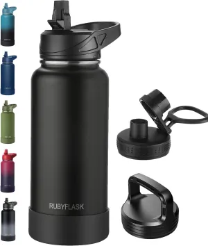 32oz Insulated Water Bottle with Straw, Stainless Steel Metal Vacuum Water Flask, Large Thermos Water bottle with Leakproof 3 Lids for Travel, Camping, Gym Sports Black