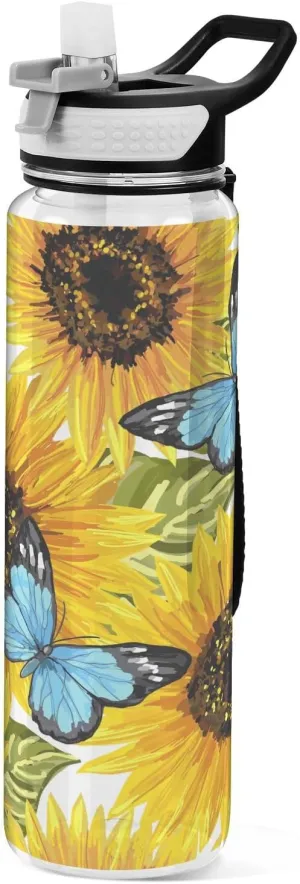 32oz Sports Water Bottle with Leakproof and BPA-Free,Yellow Sunflower Blue Butterfly, Gym Bottle with -Ideal Gift for Fitness Sports & Outdoors