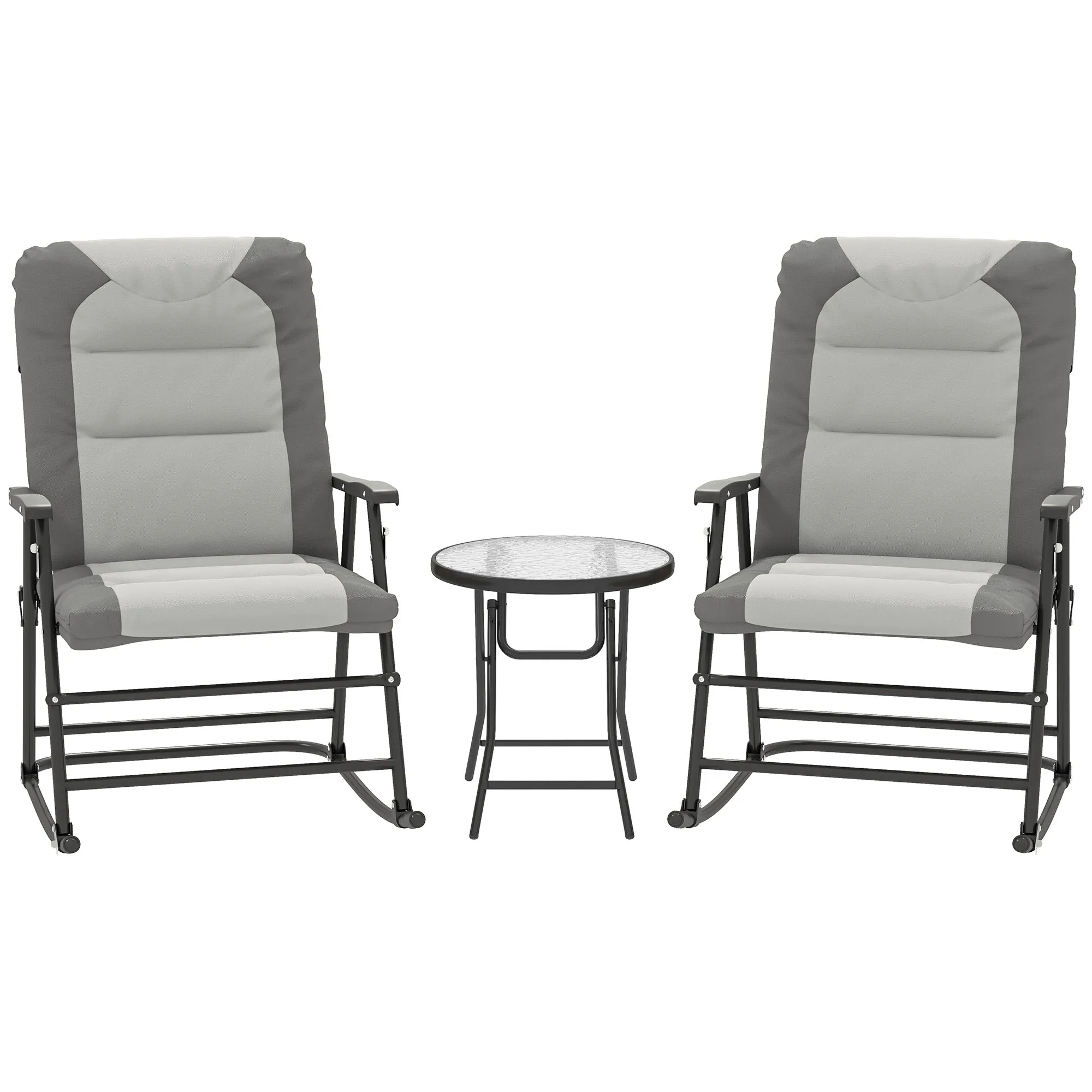3pc Patio Foldable Rocking Chair Set, Outdoor Rocking Chairs and Table Bistro Set w/ Padded Seat, Headrest, Backrest for Park, Backyard, Garden, Light Grey