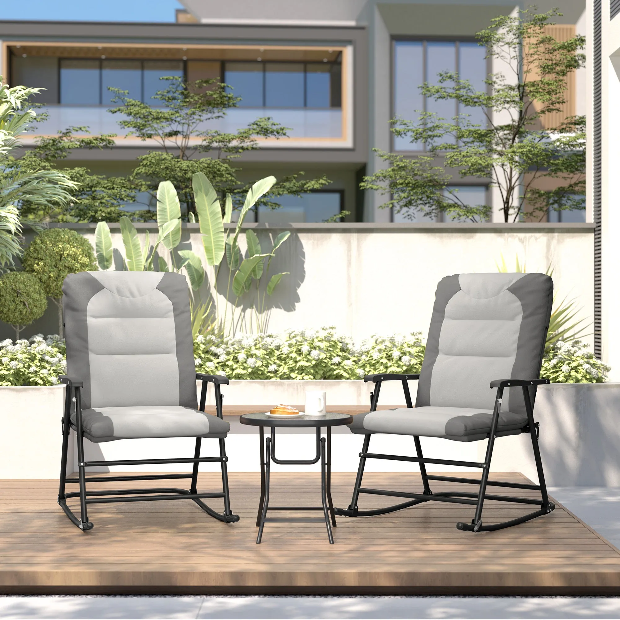 3pc Patio Foldable Rocking Chair Set, Outdoor Rocking Chairs and Table Bistro Set w/ Padded Seat, Headrest, Backrest for Park, Backyard, Garden, Light Grey
