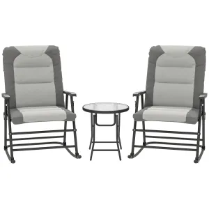 3pc Patio Foldable Rocking Chair Set, Outdoor Rocking Chairs and Table Bistro Set w/ Padded Seat, Headrest, Backrest for Park, Backyard, Garden, Light Grey