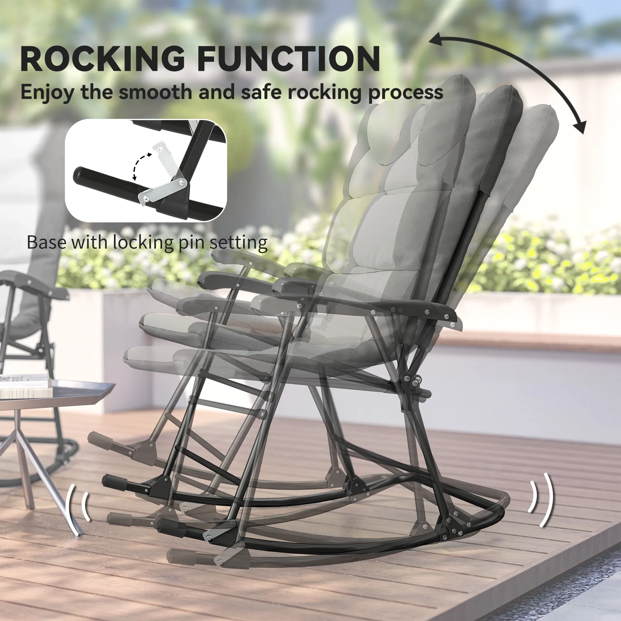 3pc Patio Foldable Rocking Chair Set, Outdoor Rocking Chairs and Table Bistro Set w/ Padded Seat, Headrest, Backrest for Park, Backyard, Garden, Light Grey