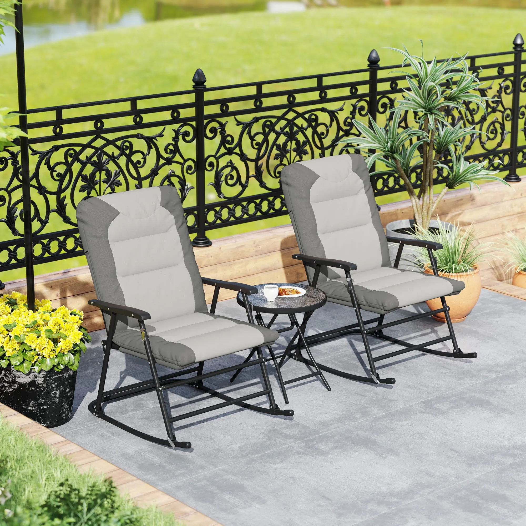 3pc Patio Foldable Rocking Chair Set, Outdoor Rocking Chairs and Table Bistro Set w/ Padded Seat, Headrest, Backrest for Park, Backyard, Garden, Light Grey