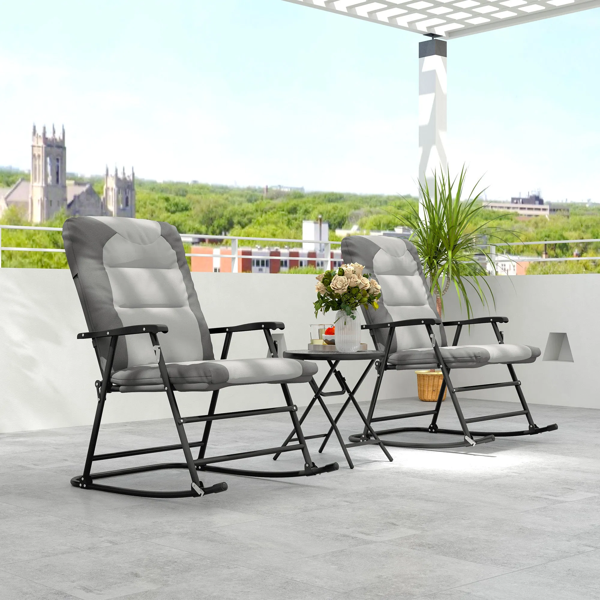 3pc Patio Foldable Rocking Chair Set, Outdoor Rocking Chairs and Table Bistro Set w/ Padded Seat, Headrest, Backrest for Park, Backyard, Garden, Light Grey