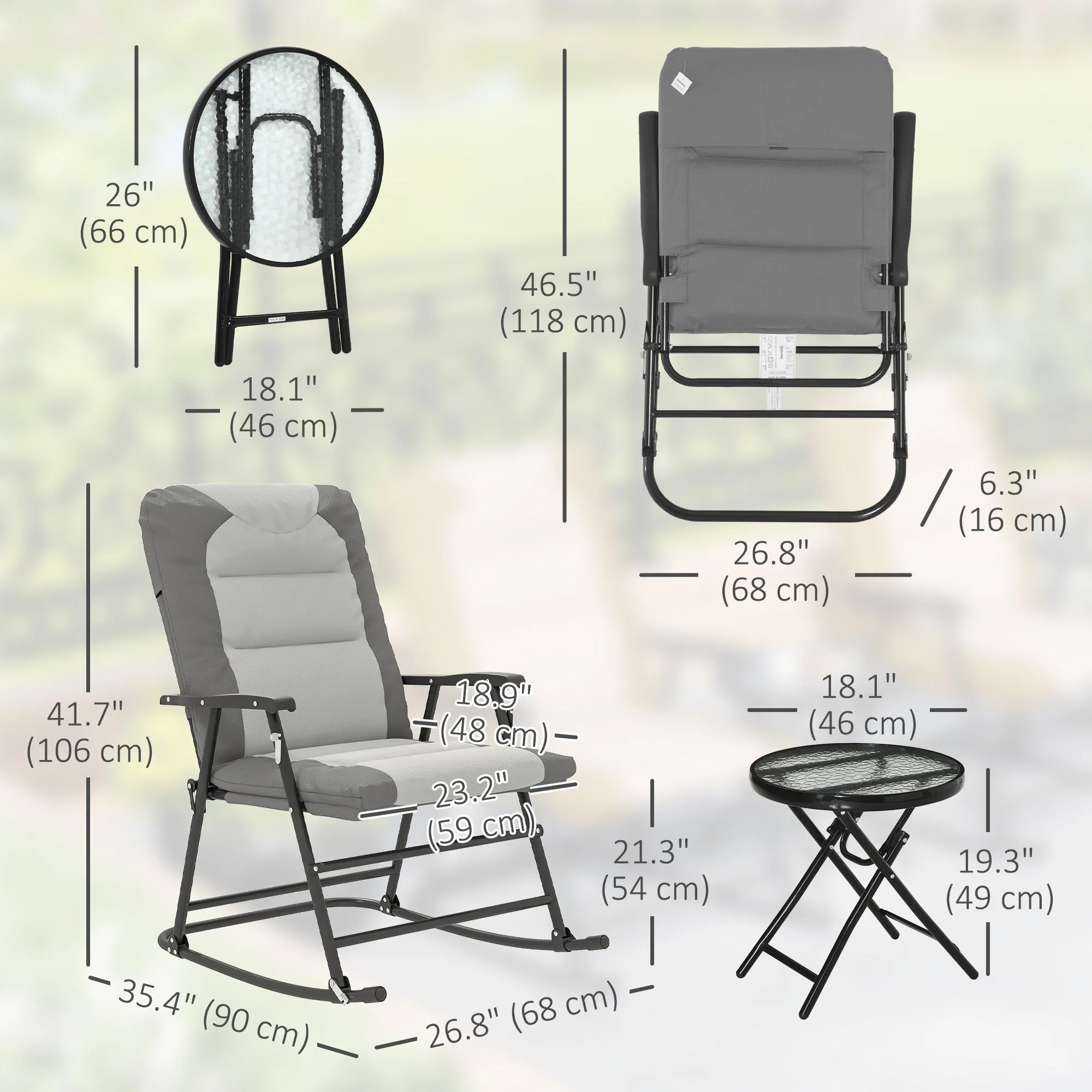 3pc Patio Foldable Rocking Chair Set, Outdoor Rocking Chairs and Table Bistro Set w/ Padded Seat, Headrest, Backrest for Park, Backyard, Garden, Light Grey