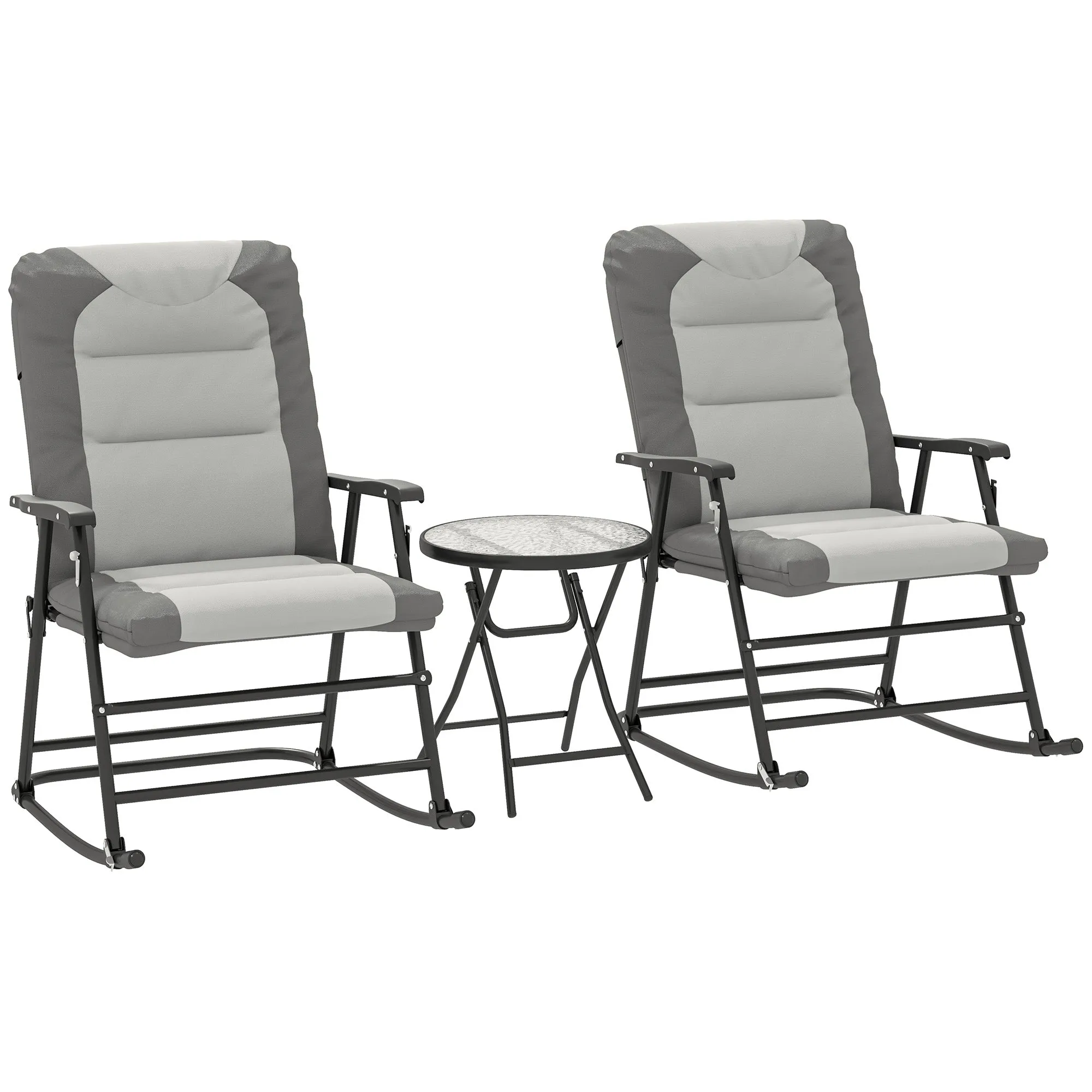 3pc Patio Foldable Rocking Chair Set, Outdoor Rocking Chairs and Table Bistro Set w/ Padded Seat, Headrest, Backrest for Park, Backyard, Garden, Light Grey