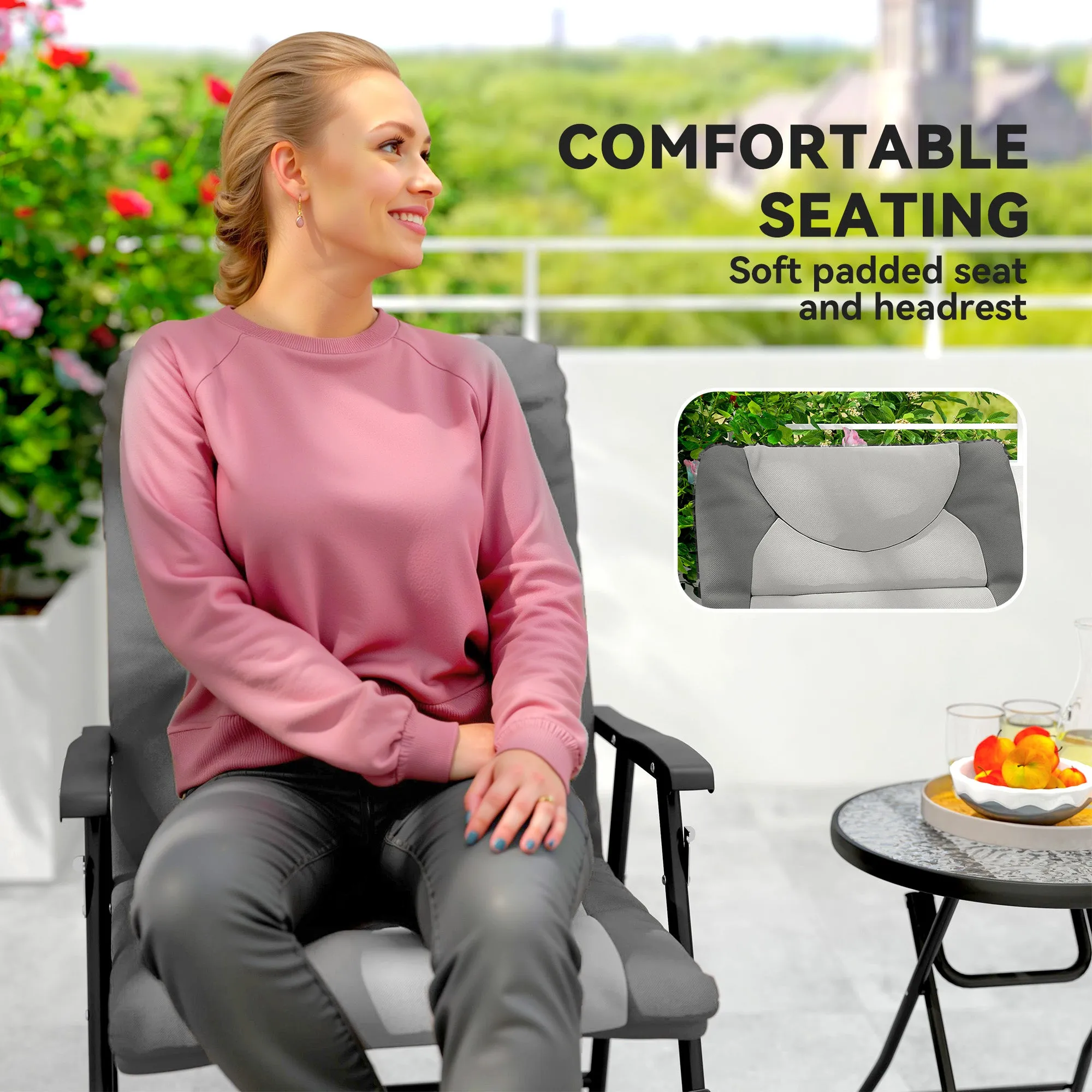 3pc Patio Foldable Rocking Chair Set, Outdoor Rocking Chairs and Table Bistro Set w/ Padded Seat, Headrest, Backrest for Park, Backyard, Garden, Light Grey