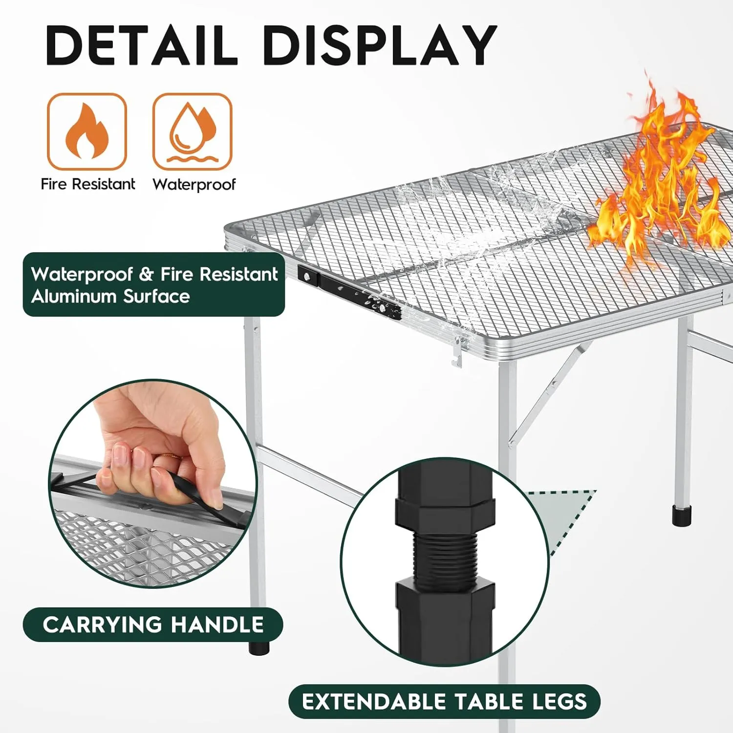 3x2 FT Folding Grill Table, Portable Camping Table for Outside, Adjustable Height Folding Table with Desktop & Mesh Bag, Lightweight Outdoor Table for Camping, Picnic, BBQ, Sliver