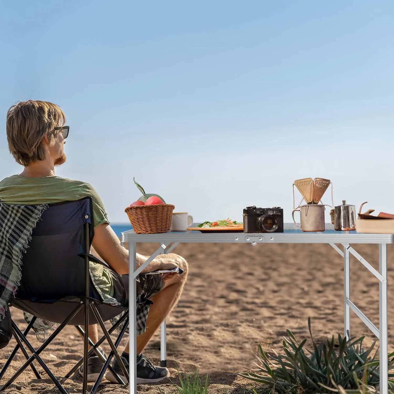 3x2 FT Folding Grill Table, Portable Camping Table for Outside, Adjustable Height Folding Table with Desktop & Mesh Bag, Lightweight Outdoor Table for Camping, Picnic, BBQ, Sliver