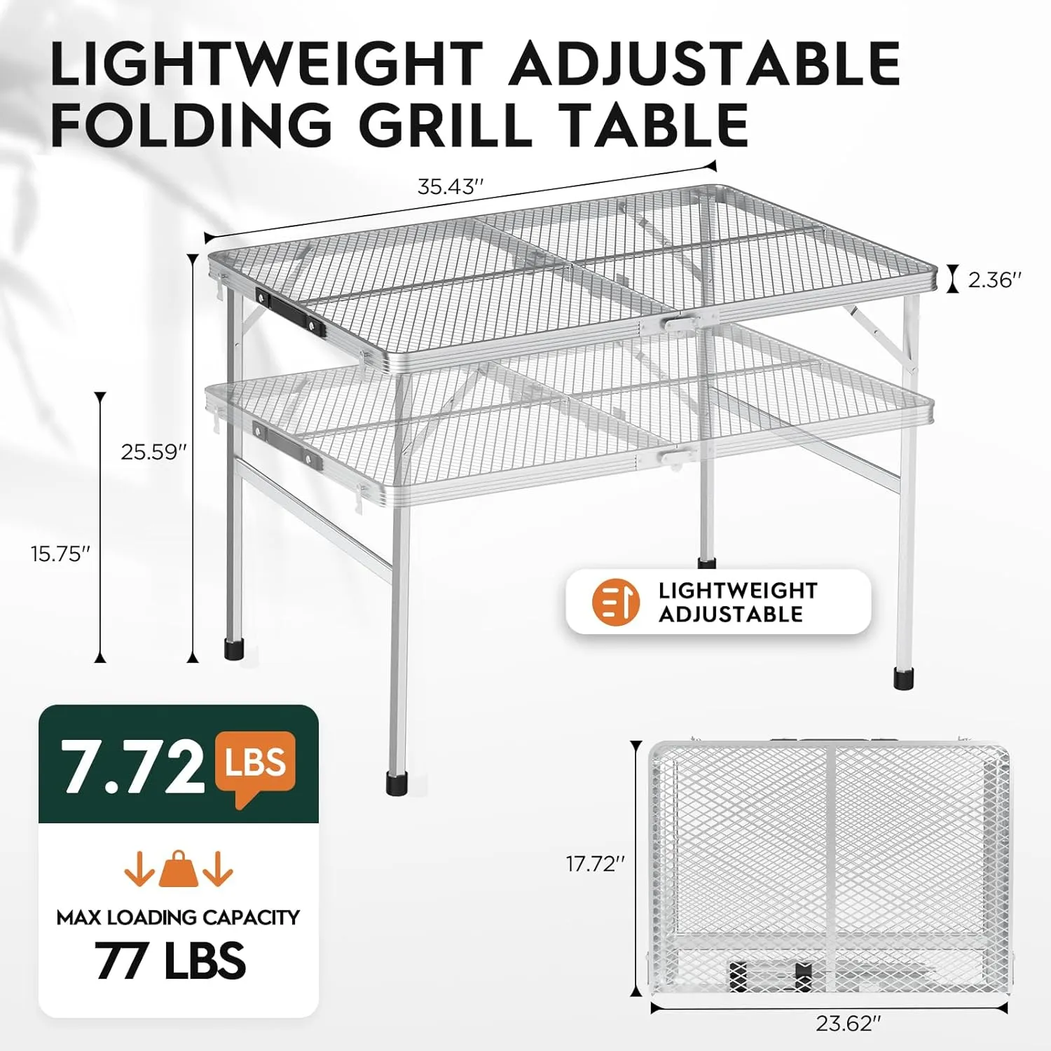3x2 FT Folding Grill Table, Portable Camping Table for Outside, Adjustable Height Folding Table with Desktop & Mesh Bag, Lightweight Outdoor Table for Camping, Picnic, BBQ, Sliver