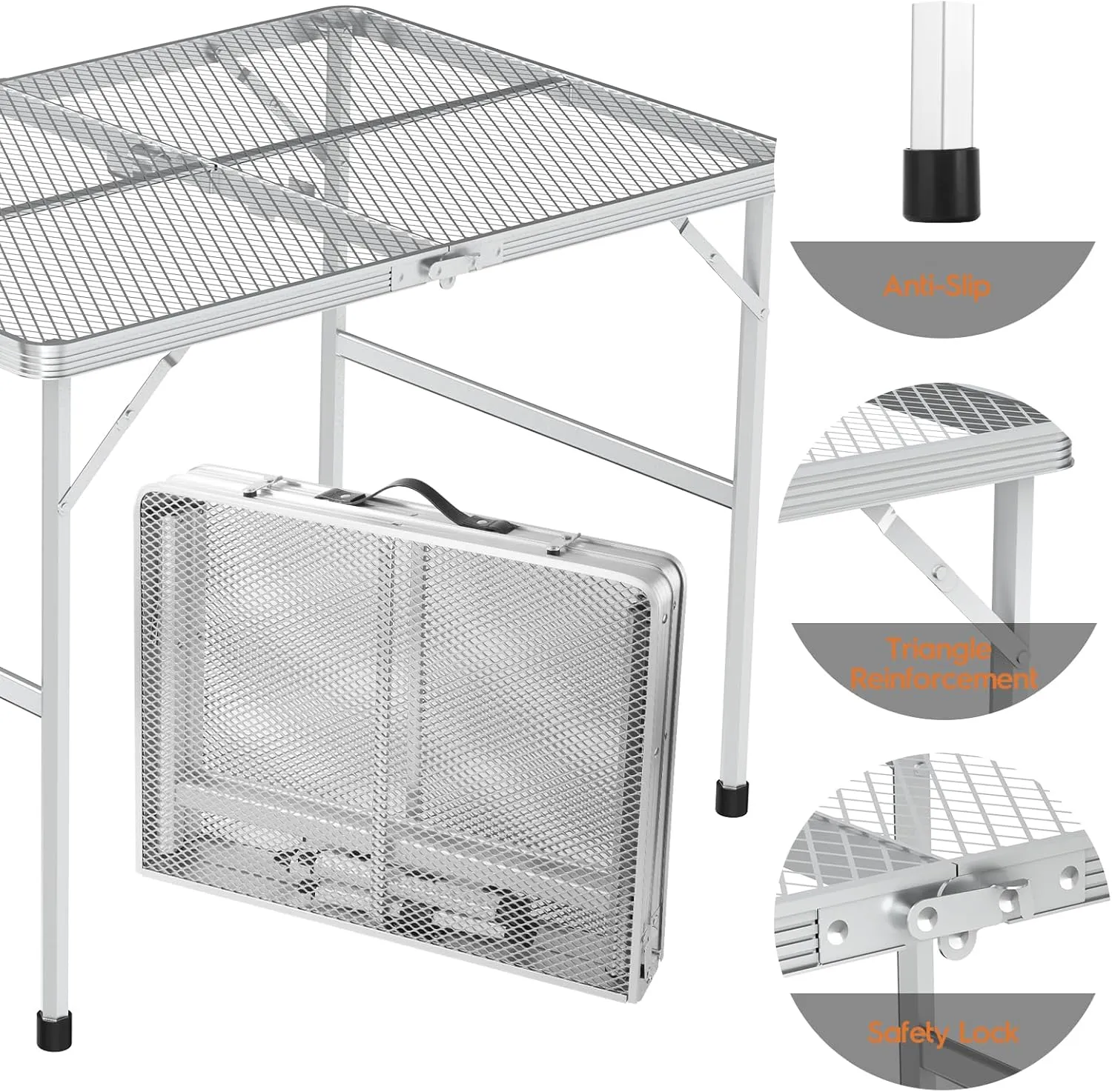 3x2 FT Folding Grill Table, Portable Camping Table for Outside, Adjustable Height Folding Table with Desktop & Mesh Bag, Lightweight Outdoor Table for Camping, Picnic, BBQ, Sliver