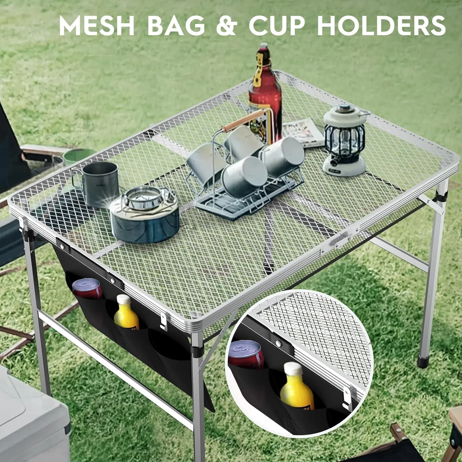 3x2 FT Folding Grill Table, Portable Camping Table for Outside, Adjustable Height Folding Table with Desktop & Mesh Bag, Lightweight Outdoor Table for Camping, Picnic, BBQ, Sliver
