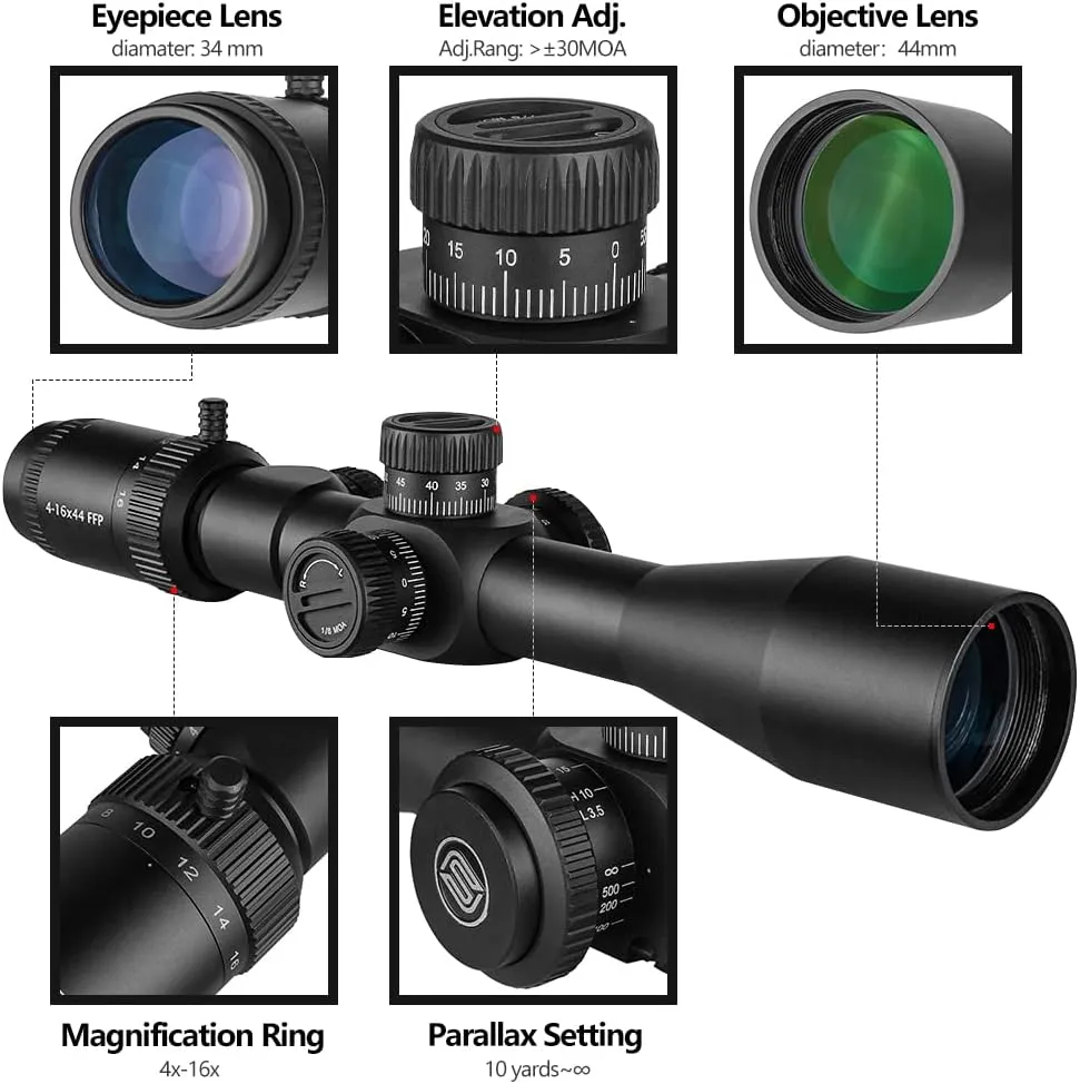 4-16x44 FFP First Focal Plane Riflescopes with Mil-dot Reticle and Parallax Adjustment, Waterproof, Fogproof Black Rifle Scope, 30mm Tube