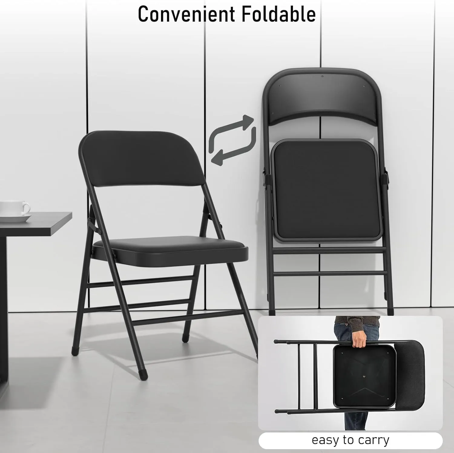 4 Pack Black Folding Chairs with Fabric Padded Cushion, Fabric Dining Chair Set Portable Indoor Outdoor Stackable Folding Chair for Home Office Events Wedding Party