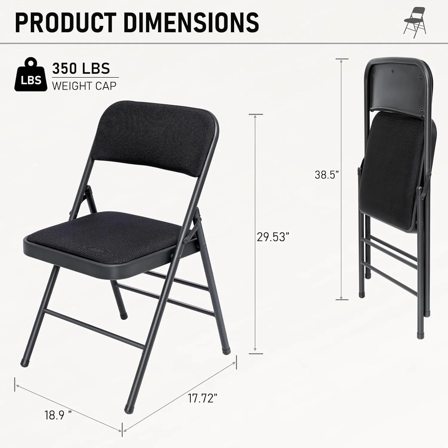 4 Pack Black Folding Chairs with Fabric Padded Cushion, Fabric Dining Chair Set Portable Indoor Outdoor Stackable Folding Chair for Home Office Events Wedding Party