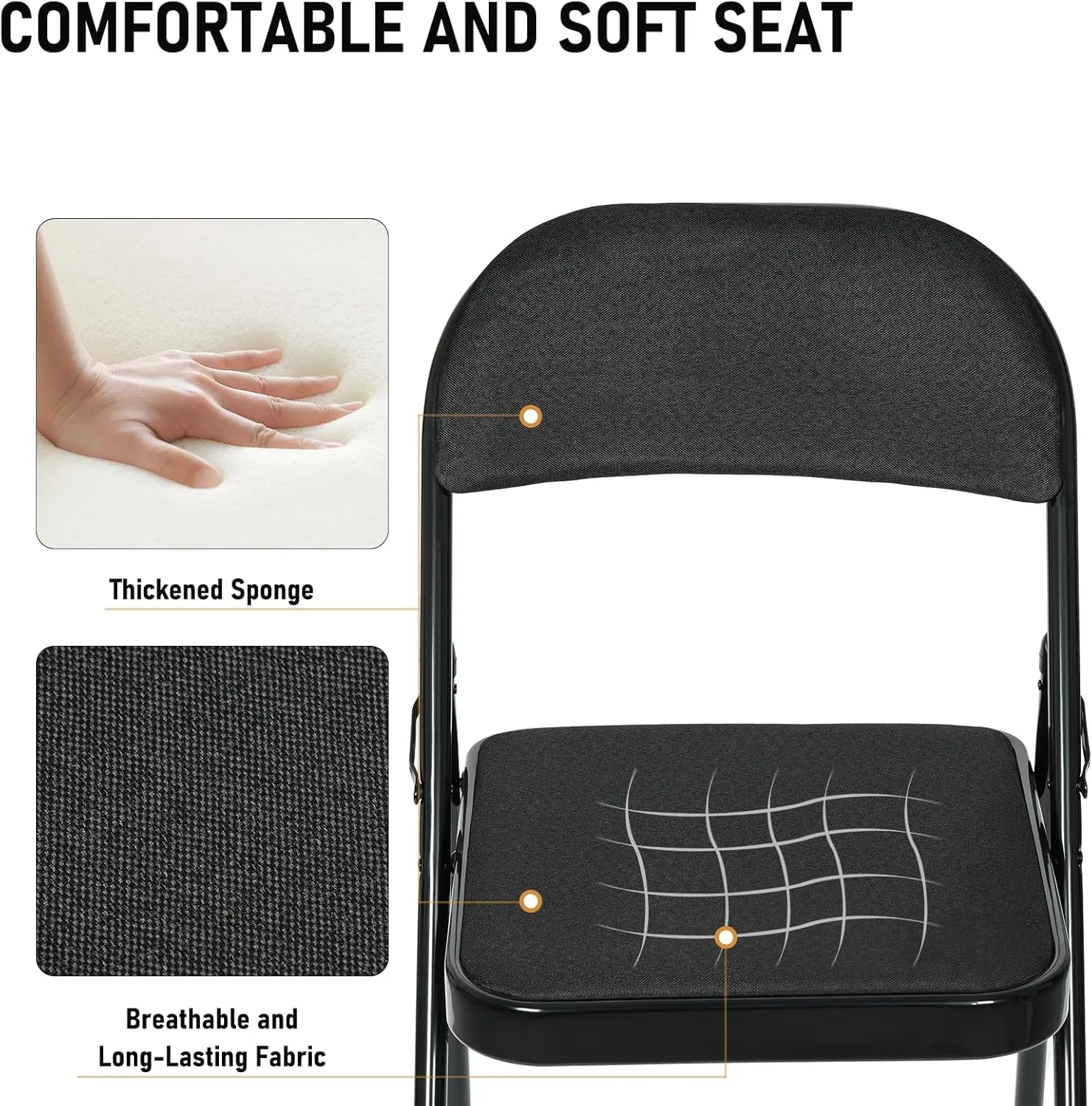 4 Pack Black Folding Chairs with Fabric Padded Cushion, Fabric Dining Chair Set Portable Indoor Outdoor Stackable Folding Chair for Home Office Events Wedding Party