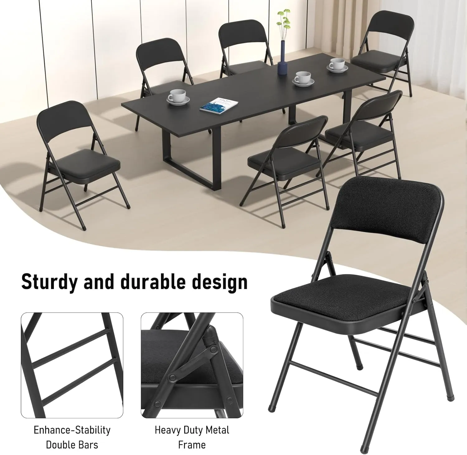 4 Pack Black Folding Chairs with Fabric Padded Cushion, Fabric Dining Chair Set Portable Indoor Outdoor Stackable Folding Chair for Home Office Events Wedding Party