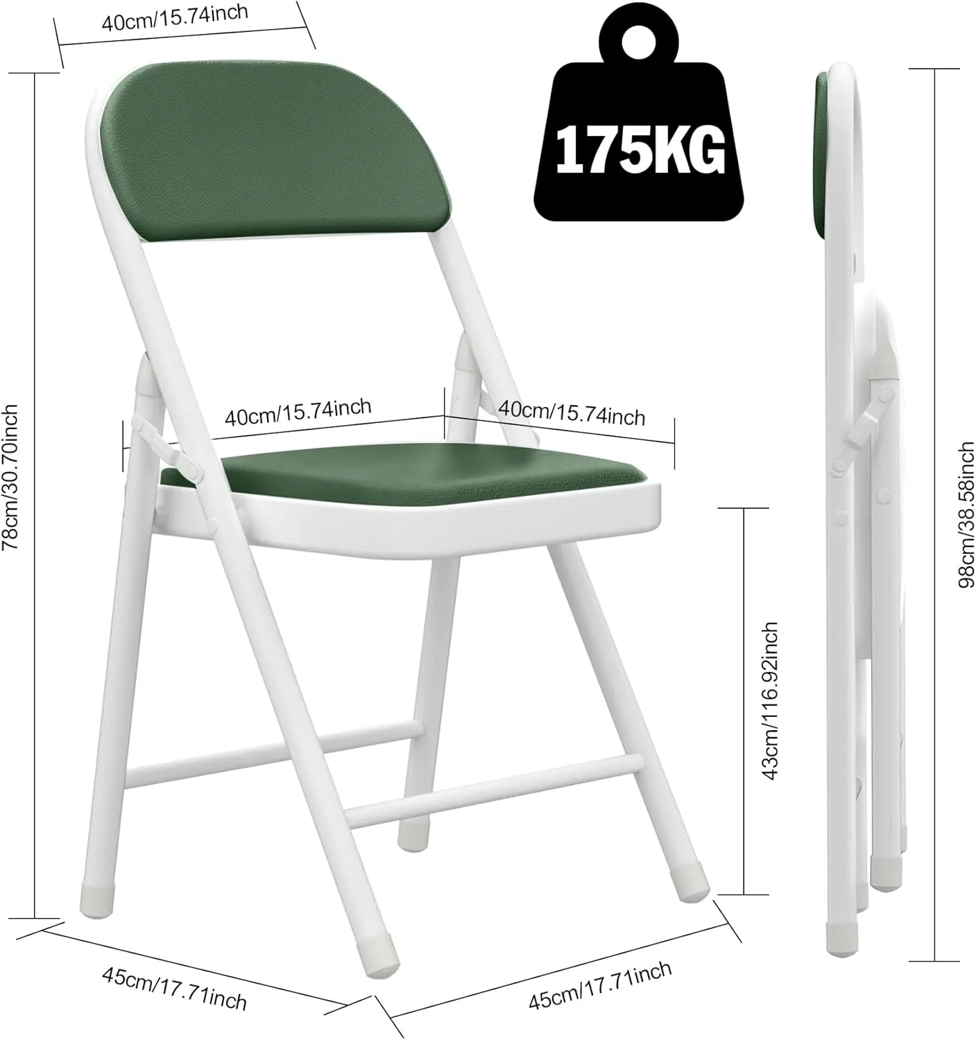 4 Pack Folding Chairs with Padded Cushion, Portable Stackable Foldable Chair for Indoor Outdoor, Commercial Seat with Metal Frame for Home Office Events Wedding Party (4, Green)