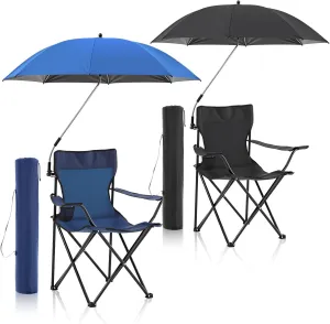 4 Pcs Foldable Camping Chair with Umbrella Set of 2 Camp Chairs for Adults Folding Picnic Seat Foldable Lawn Seat for Outdoors Fishing Hiking Travel Picnic Beach Patio (Black and Blue)