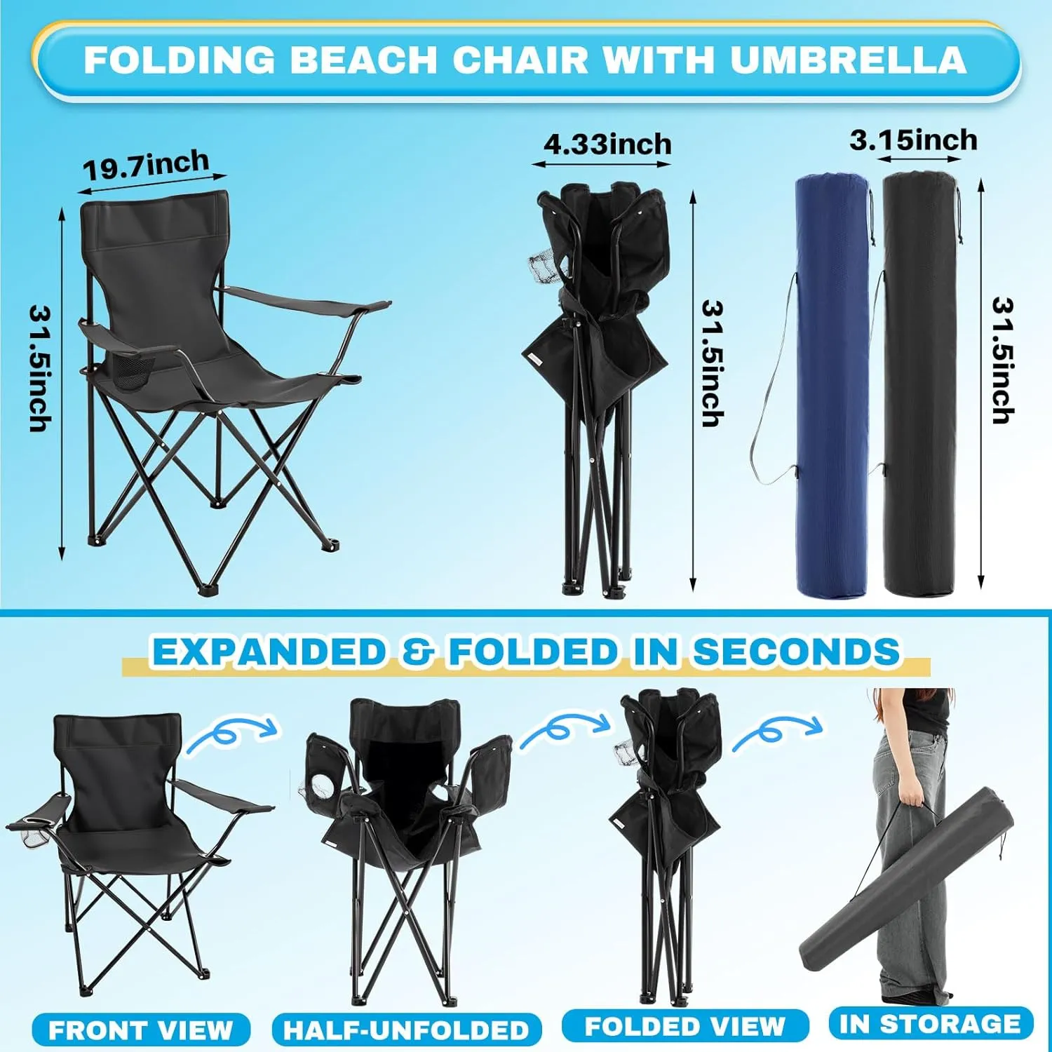 4 Pcs Foldable Camping Chair with Umbrella Set of 2 Camp Chairs for Adults Folding Picnic Seat Foldable Lawn Seat for Outdoors Fishing Hiking Travel Picnic Beach Patio (Black and Blue)